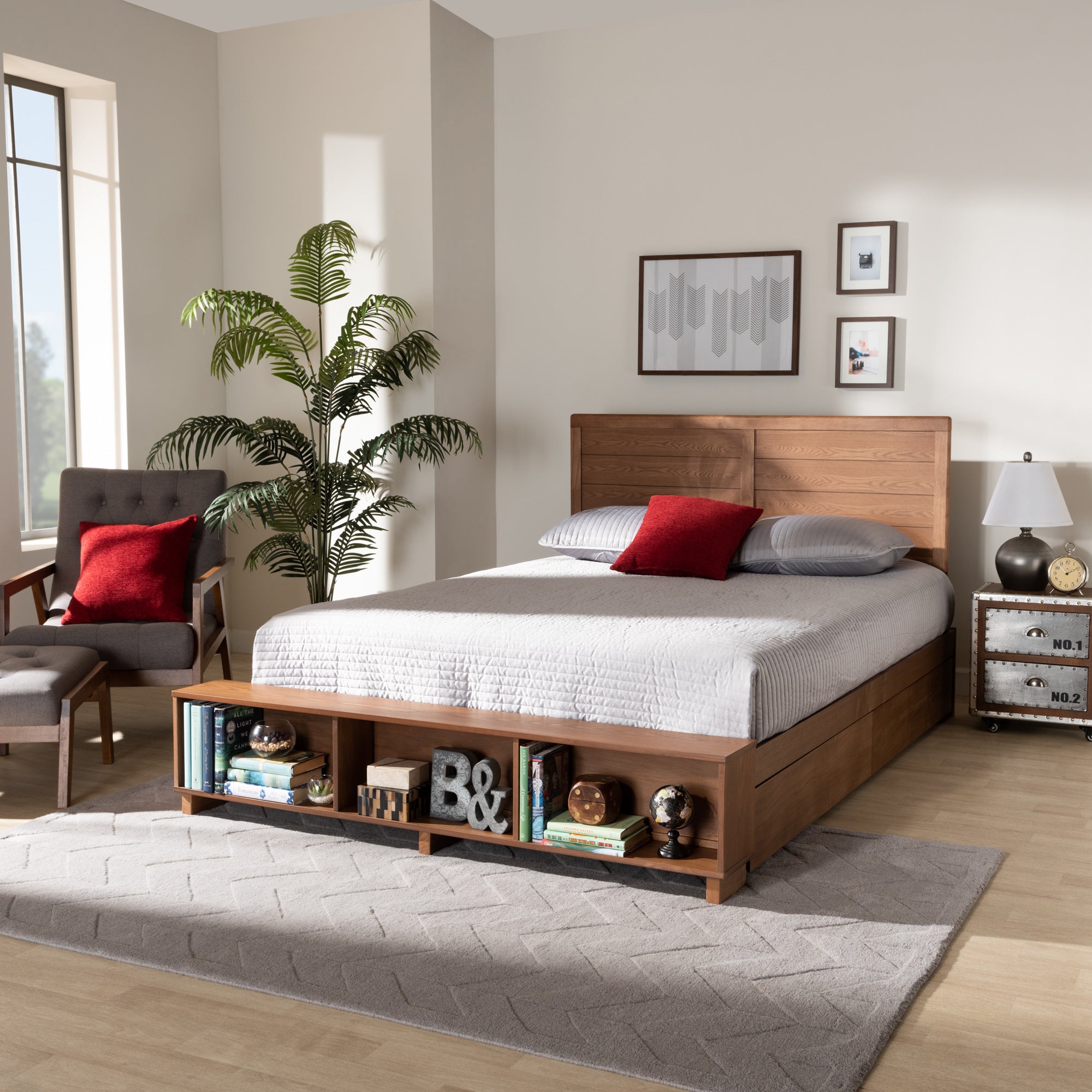 Baxton Studio Alba Modern Transitional Ash Walnut Brown Finished Wood Full Size 4-Drawer Platform Storage Bed with Built-In Shelves
