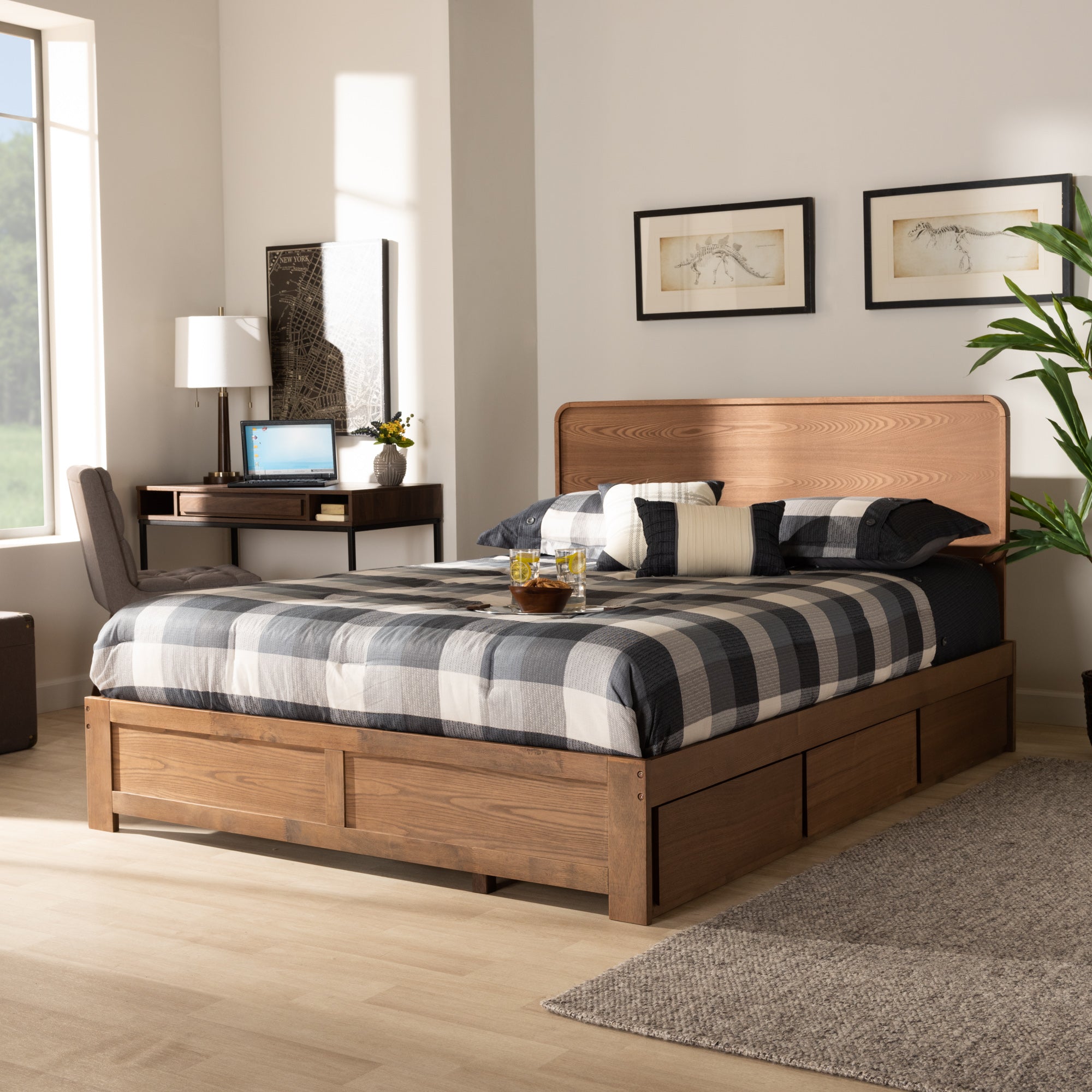 Baxton Studio Eleni Modern and Contemporary Transitional Ash Walnut Brown Finished Wood Queen Size 3-Drawer Platform Storage Bed