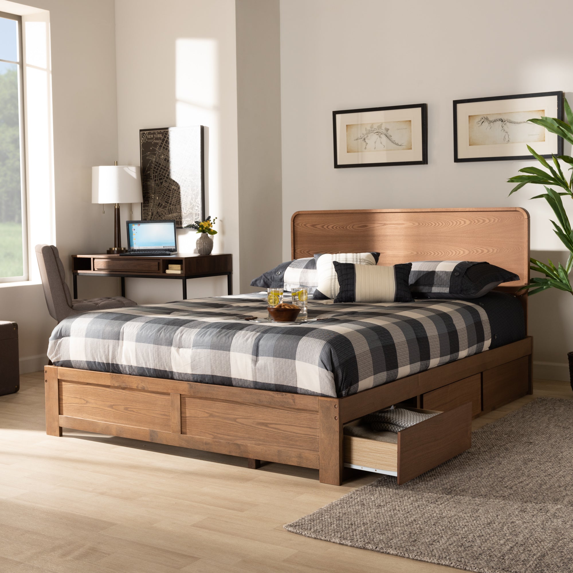 Baxton Studio Eleni Modern and Contemporary Transitional Ash Walnut Brown Finished Wood King Size 3-Drawer Platform Storage Bed