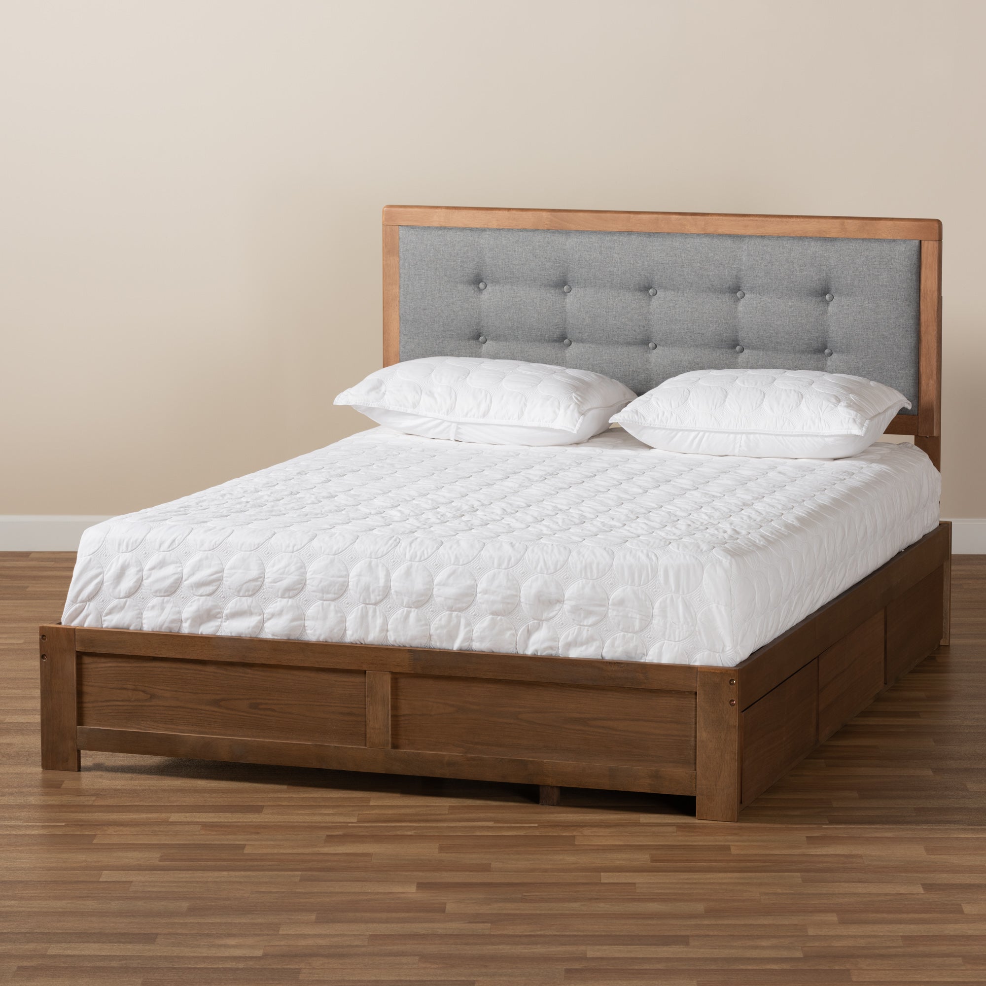 Baxton Studio Lene Modern and Contemporary Transitional Dark Grey Fabric Upholstered and Ash Walnut Brown Finished Wood Queen Size 3-Drawer Platform Storage Bed