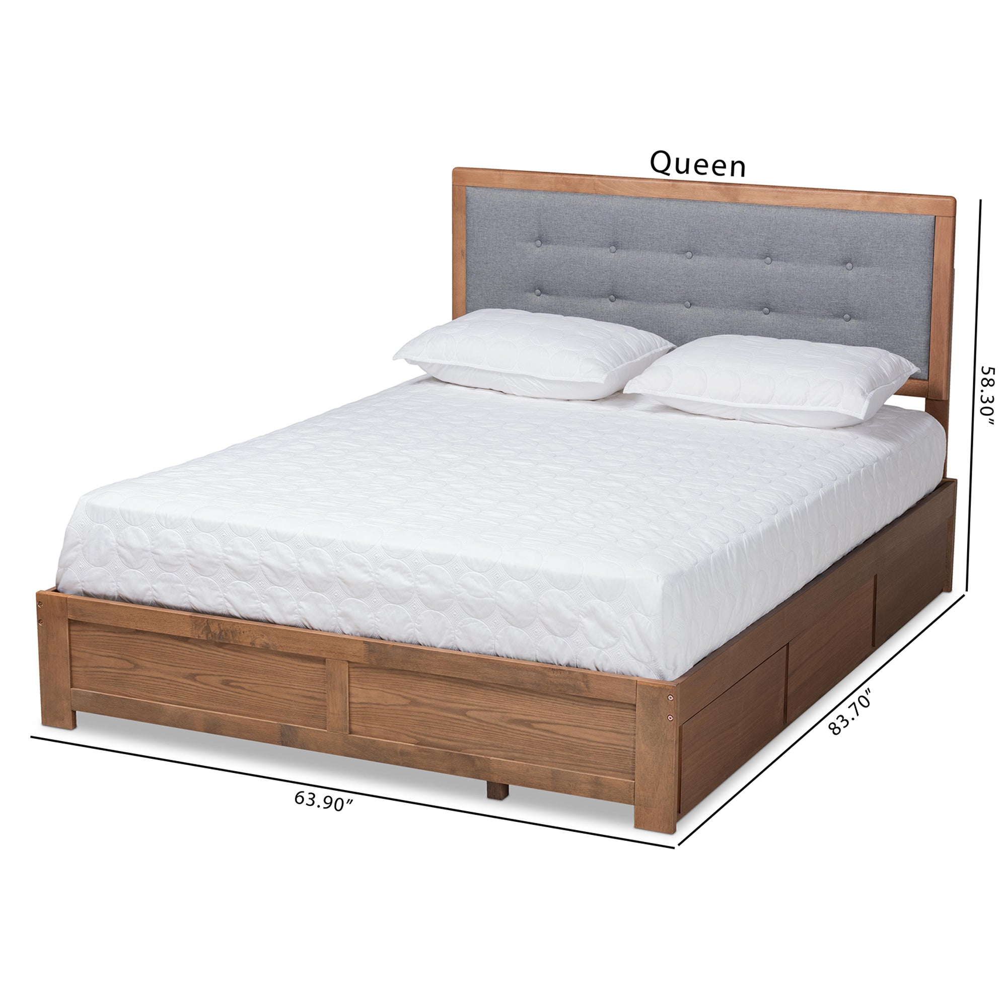 Baxton Studio Lene Modern and Contemporary Transitional Dark Grey Fabric Upholstered and Ash Walnut Brown Finished Wood Queen Size 3-Drawer Platform Storage Bed