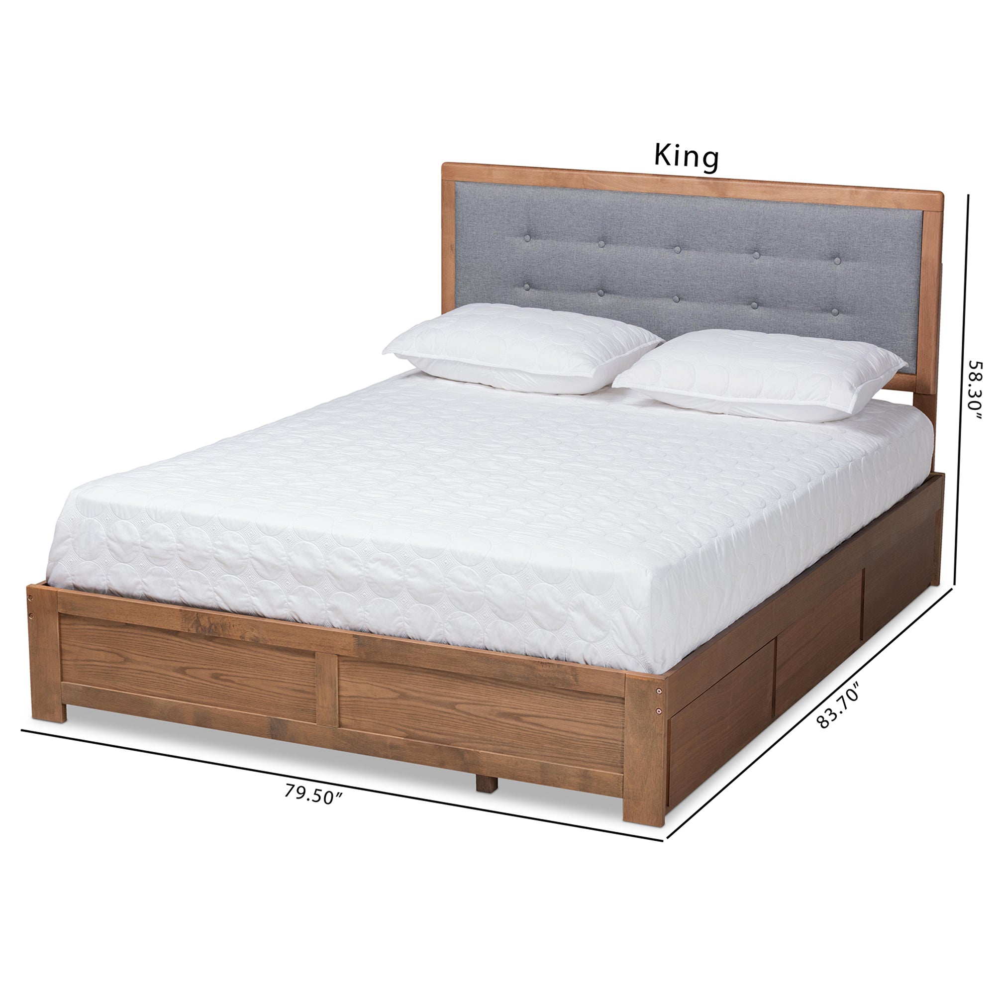 Baxton Studio Lene Modern and Contemporary Transitional Dark Grey Fabric Upholstered and Ash Walnut Brown Finished Wood Queen Size 3-Drawer Platform Storage Bed