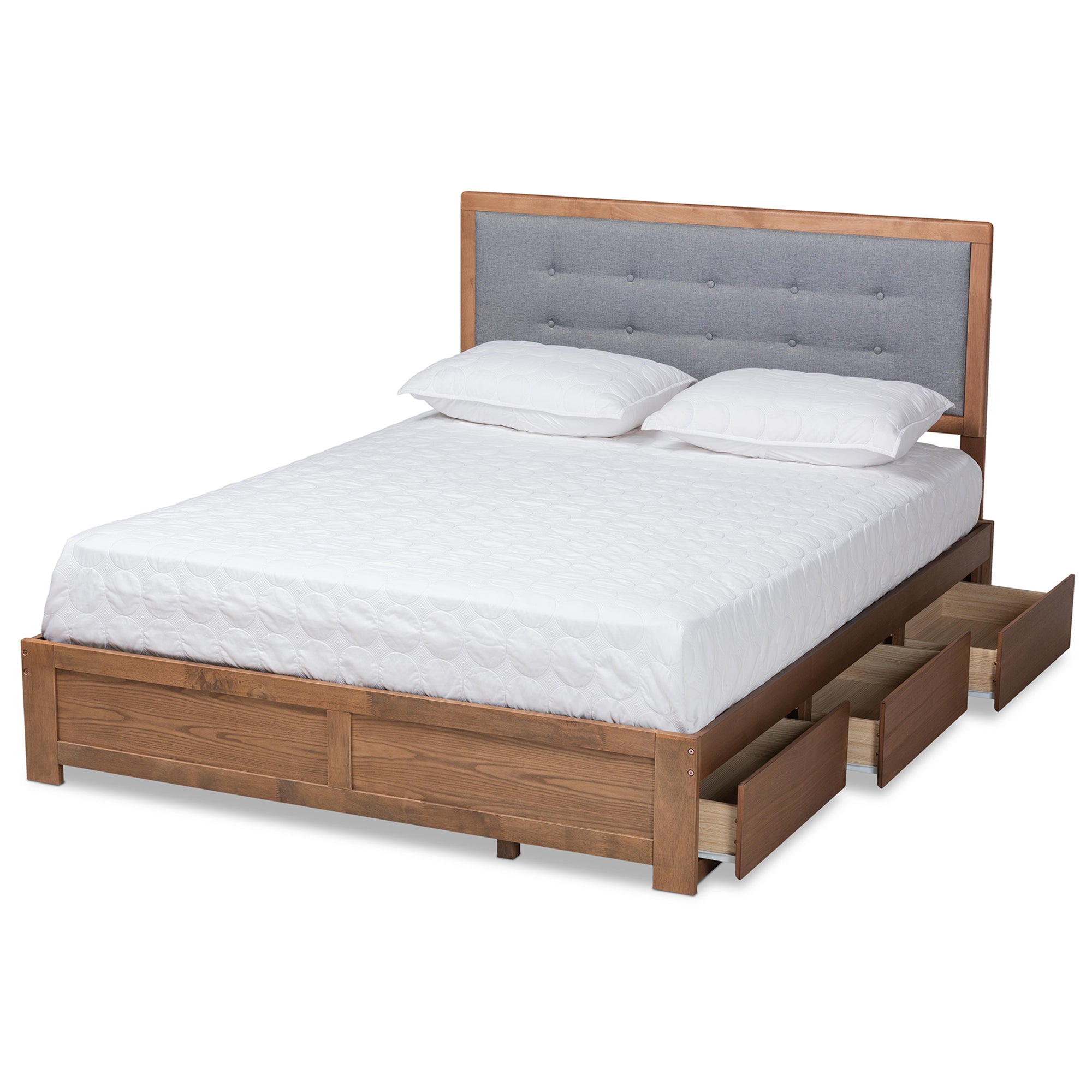 Baxton Studio Lene Modern and Contemporary Transitional Dark Grey Fabric Upholstered and Ash Walnut Brown Finished Wood Full Size 3-Drawer Platform Storage Bed
