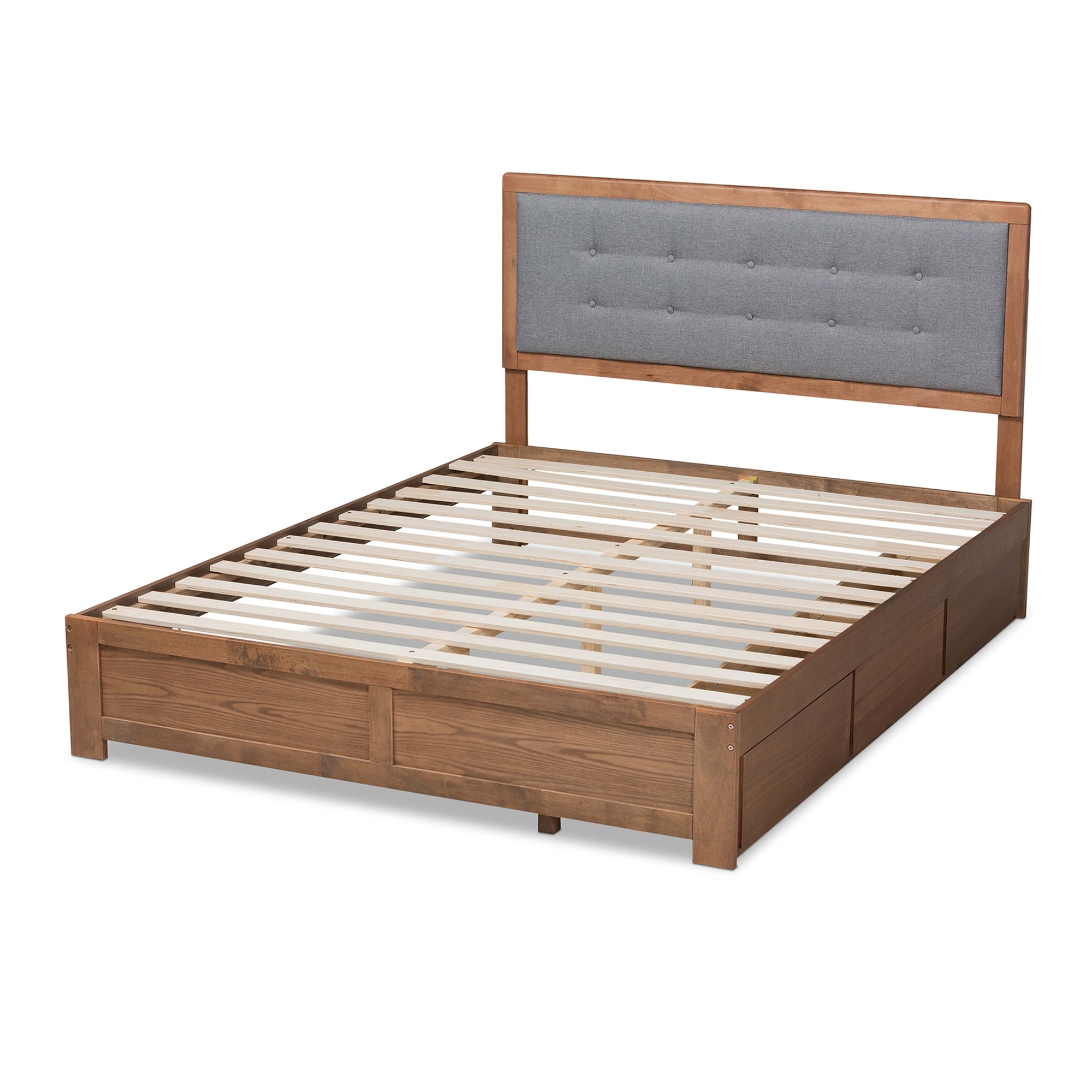 Baxton Studio Lene Modern and Contemporary Transitional Dark Grey Fabric Upholstered and Ash Walnut Brown Finished Wood Queen Size 3-Drawer Platform Storage Bed