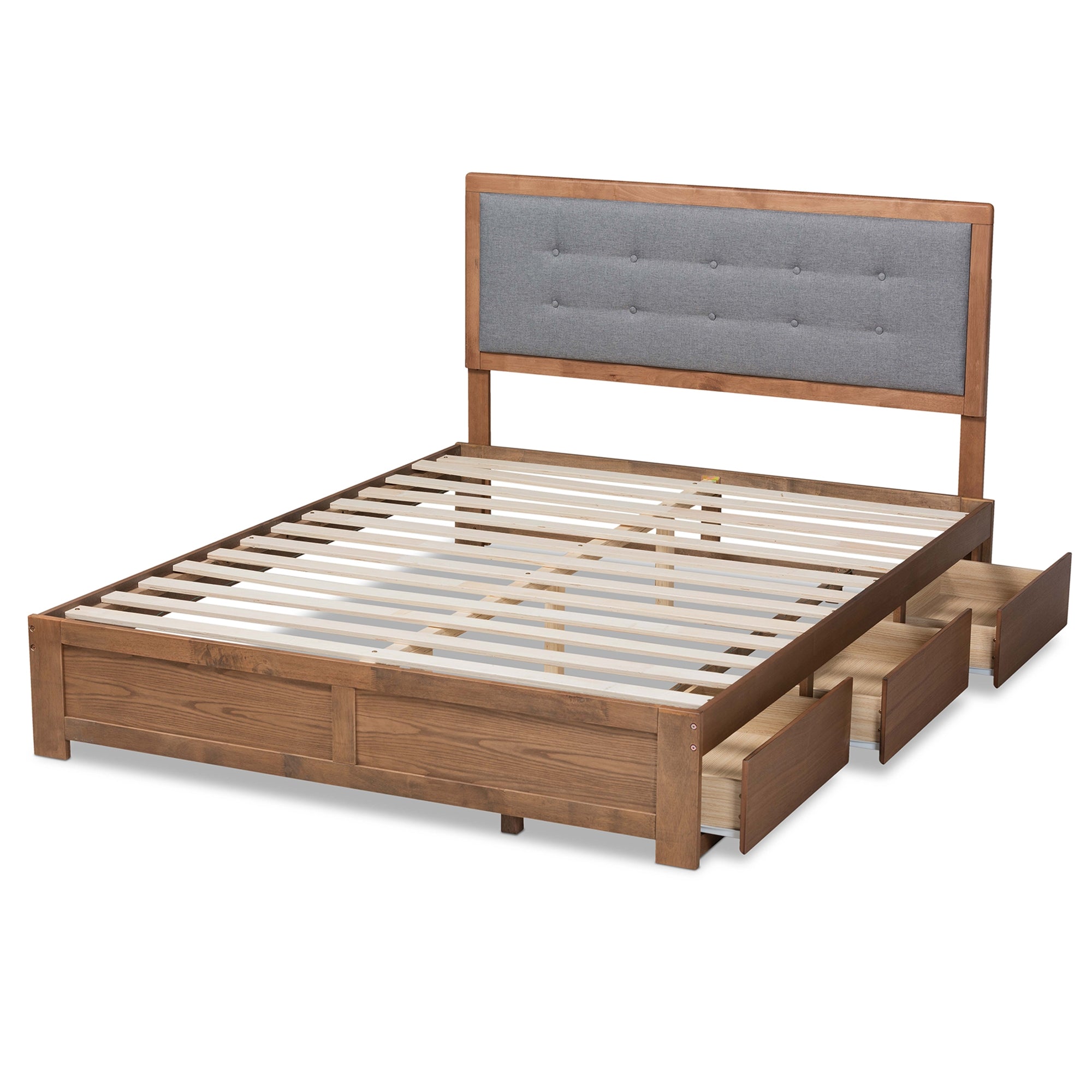 Baxton Studio Lene Modern and Contemporary Transitional Dark Grey Fabric Upholstered and Ash Walnut Brown Finished Wood Queen Size 3-Drawer Platform Storage Bed