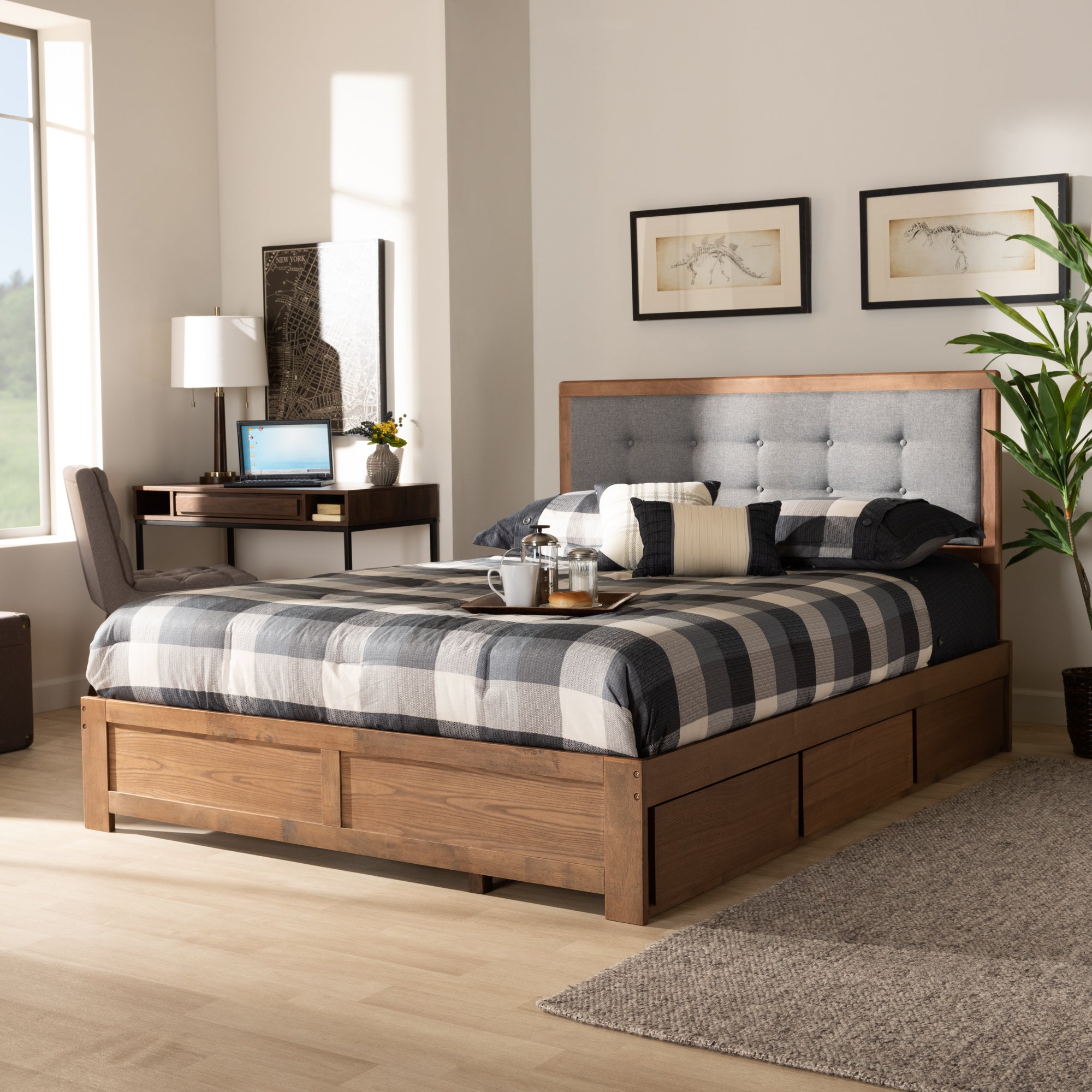 Baxton Studio Lene Modern and Contemporary Transitional Dark Grey Fabric Upholstered and Ash Walnut Brown Finished Wood Full Size 3-Drawer Platform Storage Bed