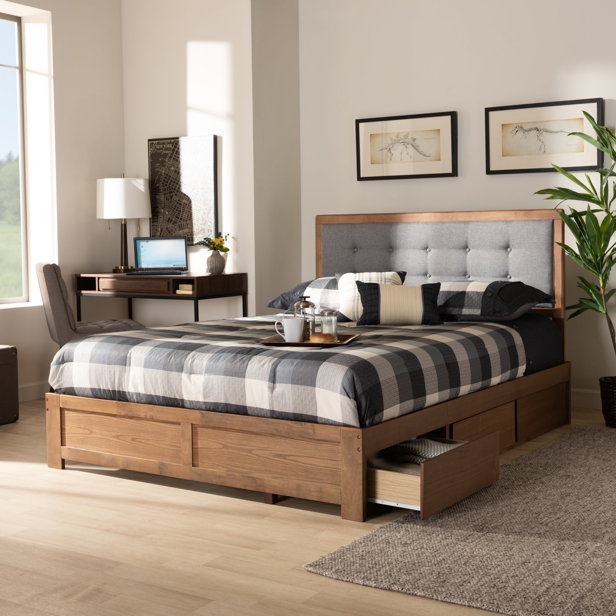 Baxton Studio Lene Modern and Contemporary Transitional Dark Grey Fabric Upholstered and Ash Walnut Brown Finished Wood Full Size 3-Drawer Platform Storage Bed