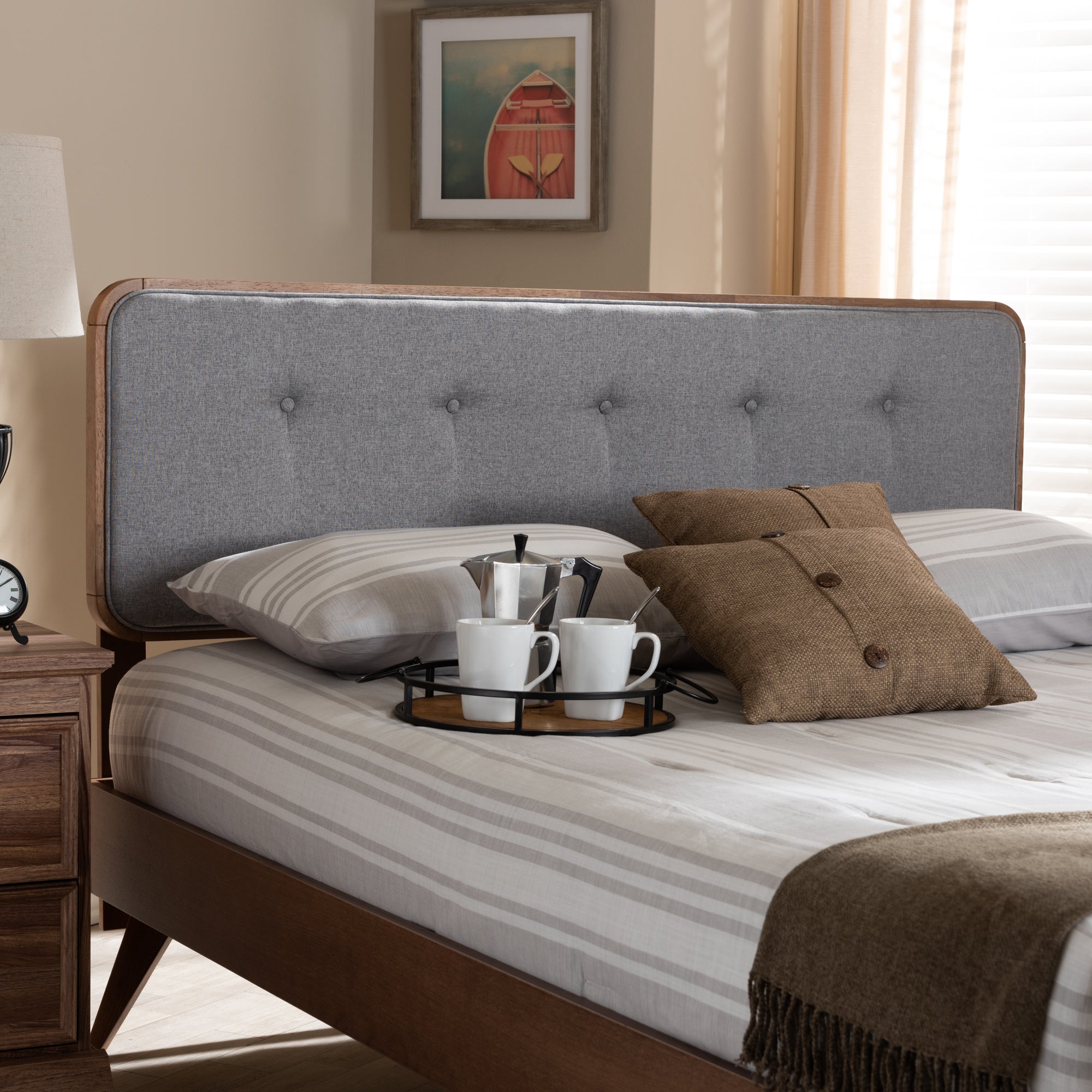 Baxton Studio Palina Mid-Century Modern Light Grey Fabric Upholstered Walnut Brown Finished Wood Queen Size Headboard