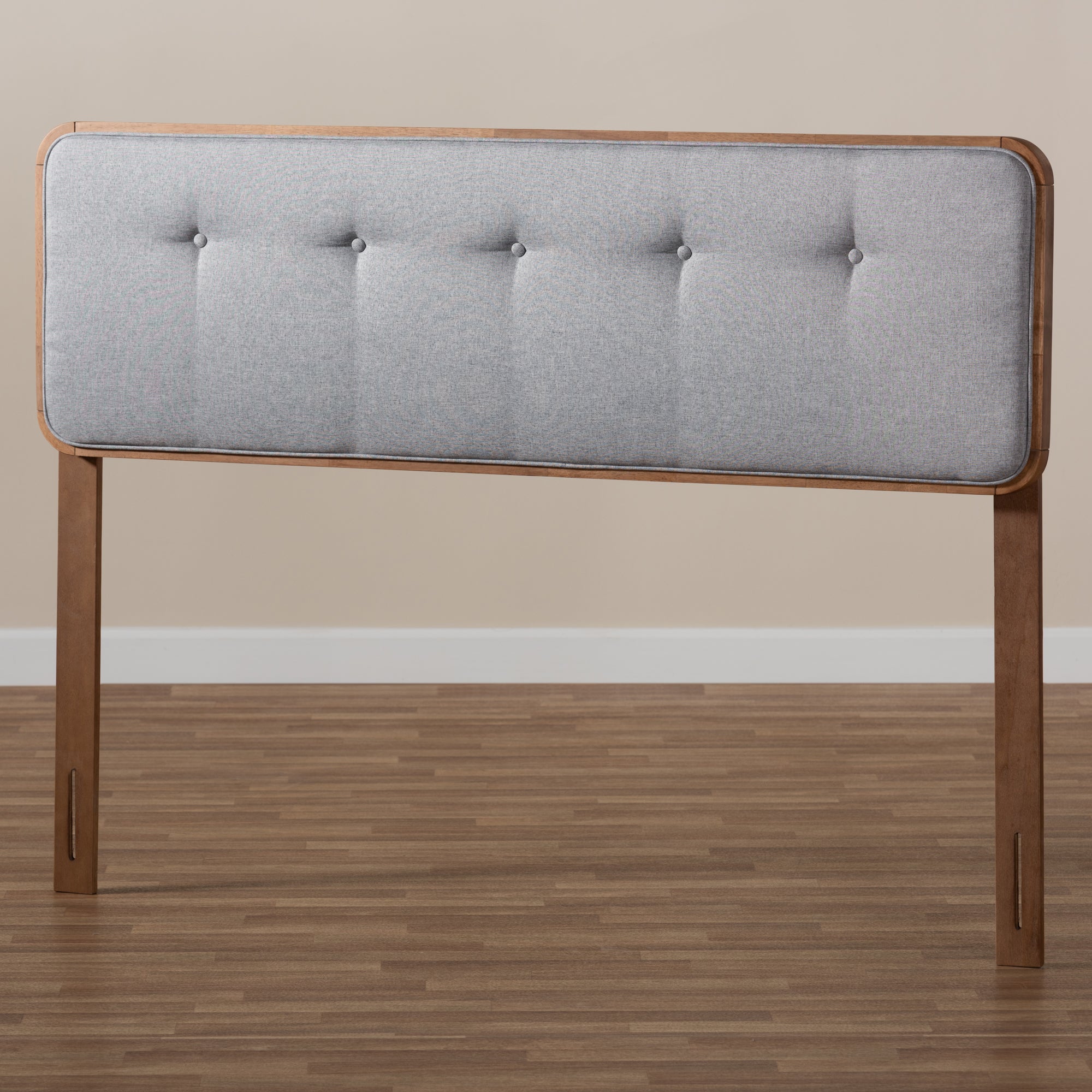 Baxton Studio Palina Mid-Century Modern Light Grey Fabric Upholstered Walnut Brown Finished Wood Queen Size Headboard