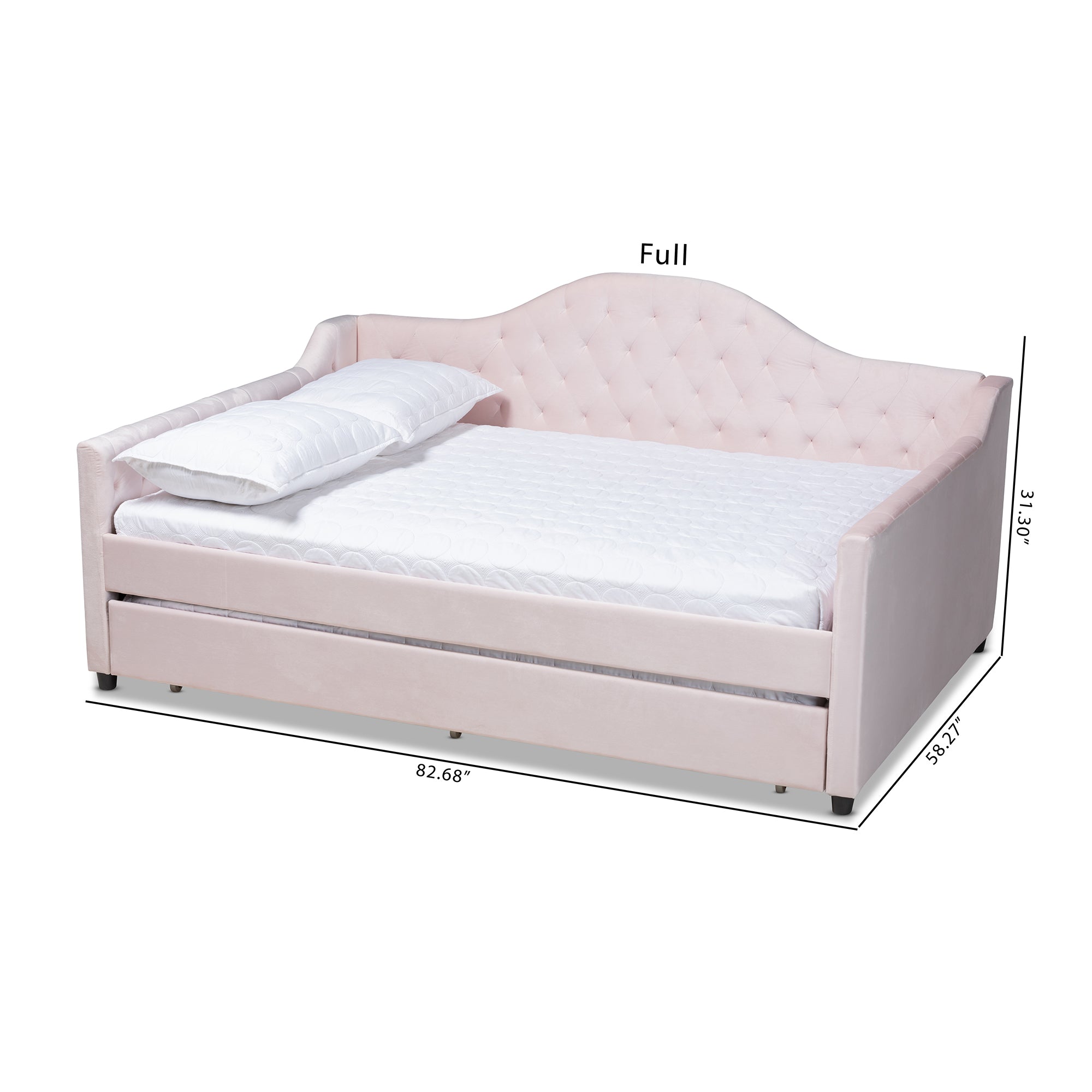 Baxton Studio Perry Modern and Contemporary Light Pink Velvet Fabric Upholstered and Button Tufted Full Size Daybed with Trundle