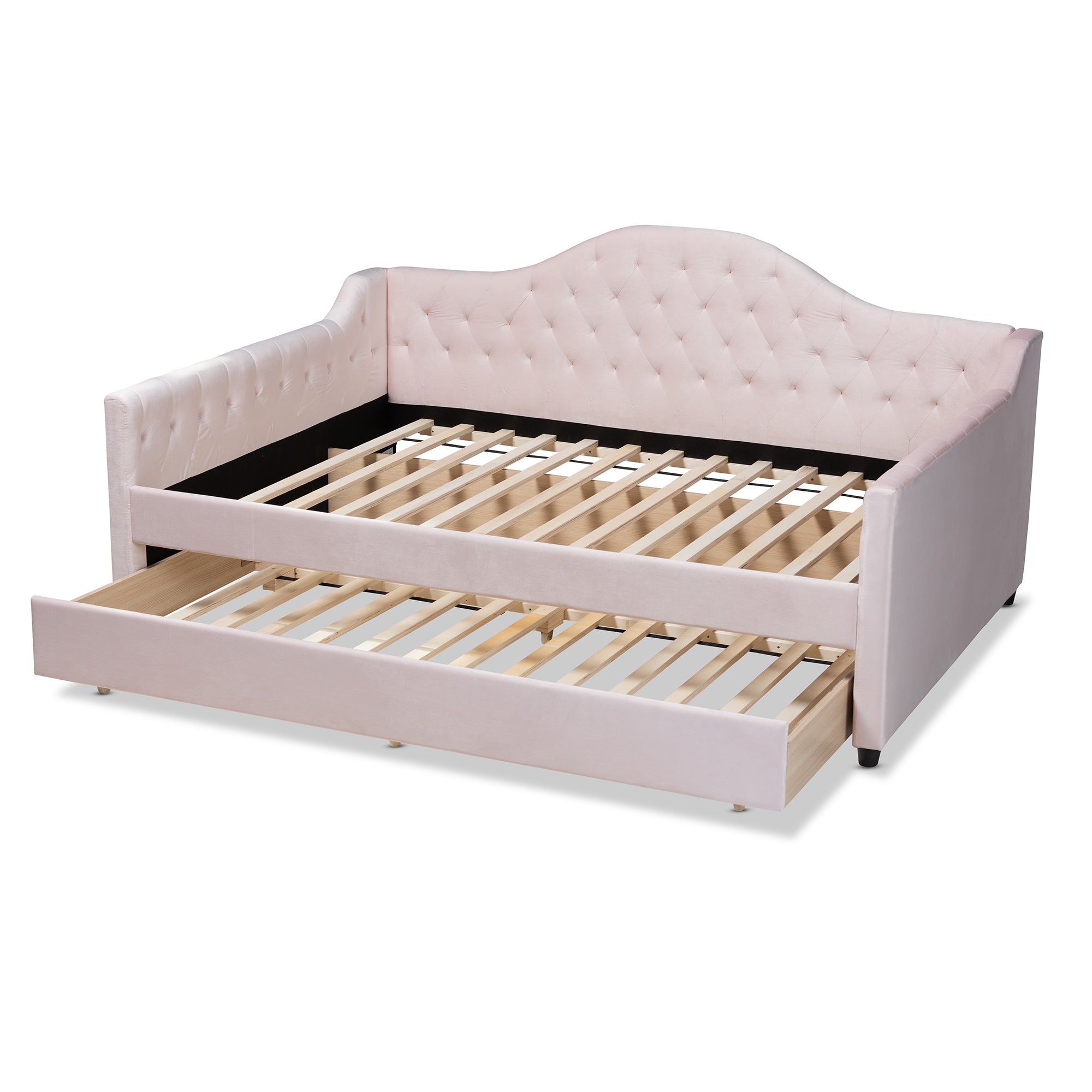 Baxton Studio Perry Modern and Contemporary Light Pink Velvet Fabric Upholstered and Button Tufted Full Size Daybed with Trundle