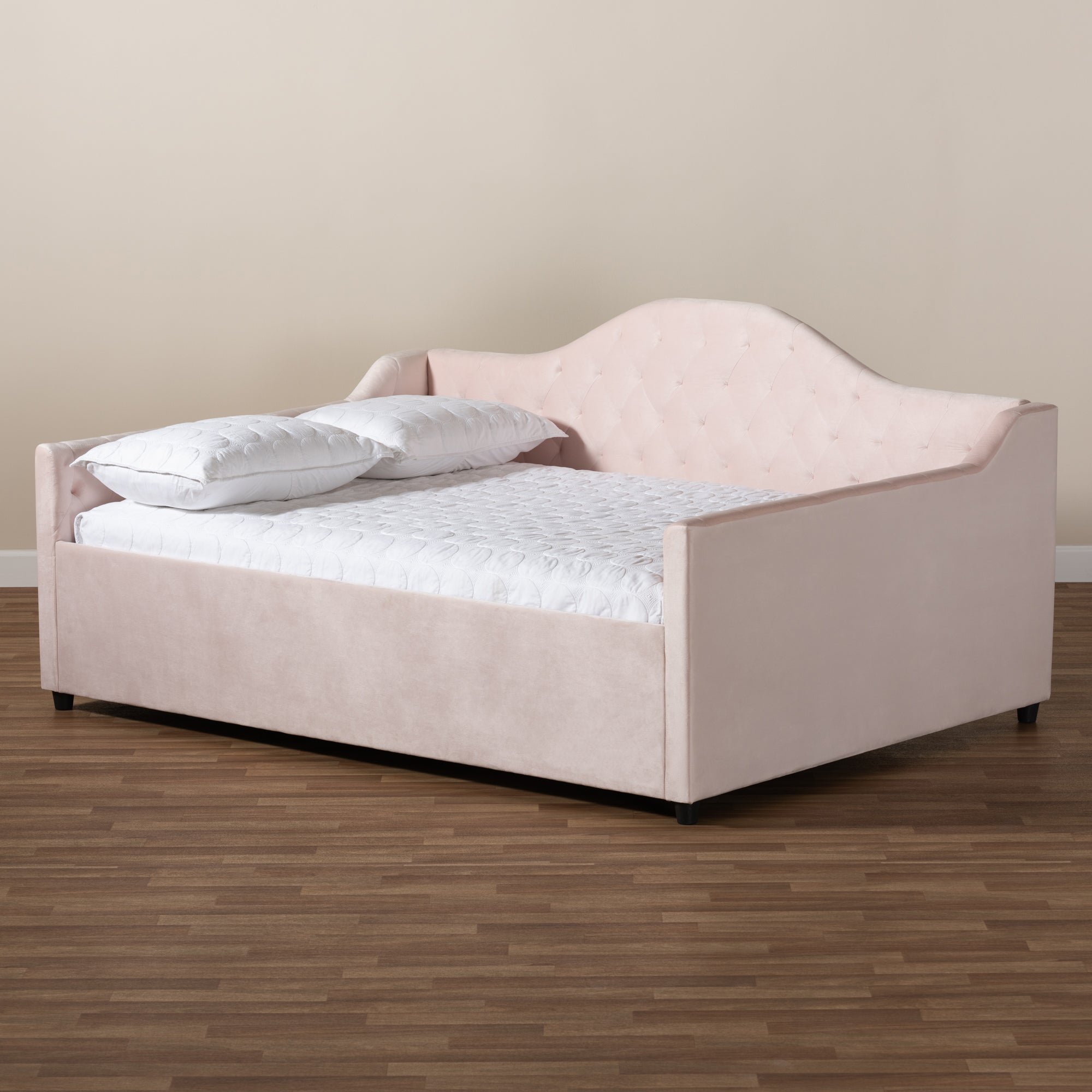 Baxton Studio Perry Modern and Contemporary Light Pink Velvet Fabric Upholstered and Button Tufted Queen Size Daybed