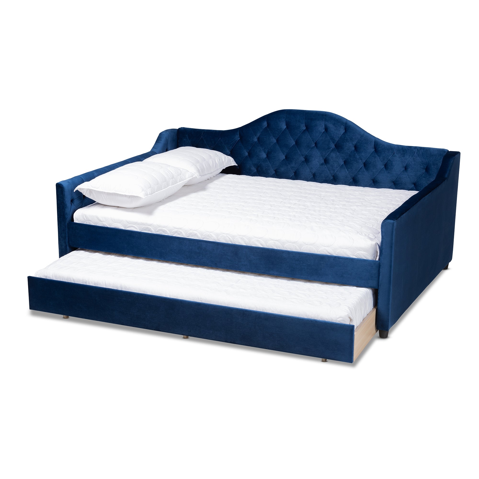Baxton Studio Perry Modern and Contemporary Navy Blue Velvet Fabric Upholstered and Button Tufted Queen Size Daybed with Trundle