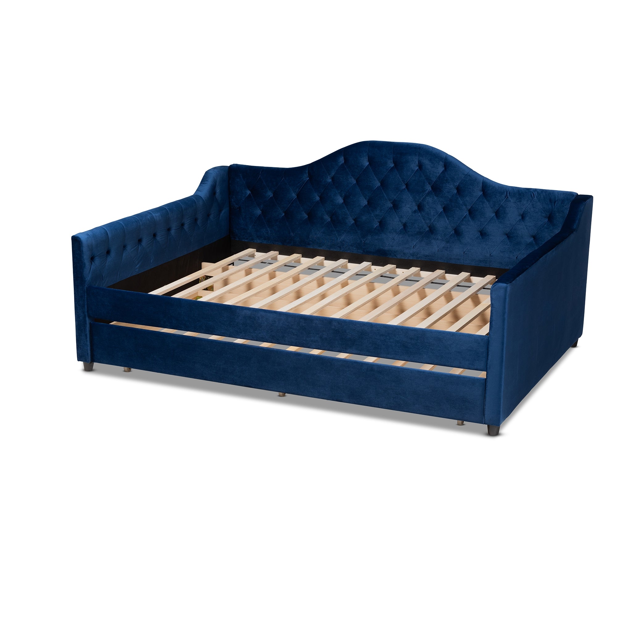 Baxton Studio Perry Modern and Contemporary Navy Blue Velvet Fabric Upholstered and Button Tufted Queen Size Daybed with Trundle
