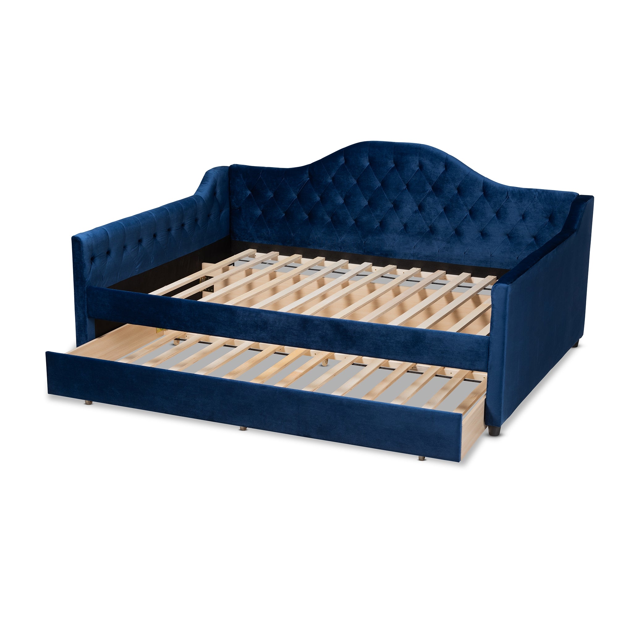 Baxton Studio Perry Modern and Contemporary Navy Blue Velvet Fabric Upholstered and Button Tufted Queen Size Daybed with Trundle