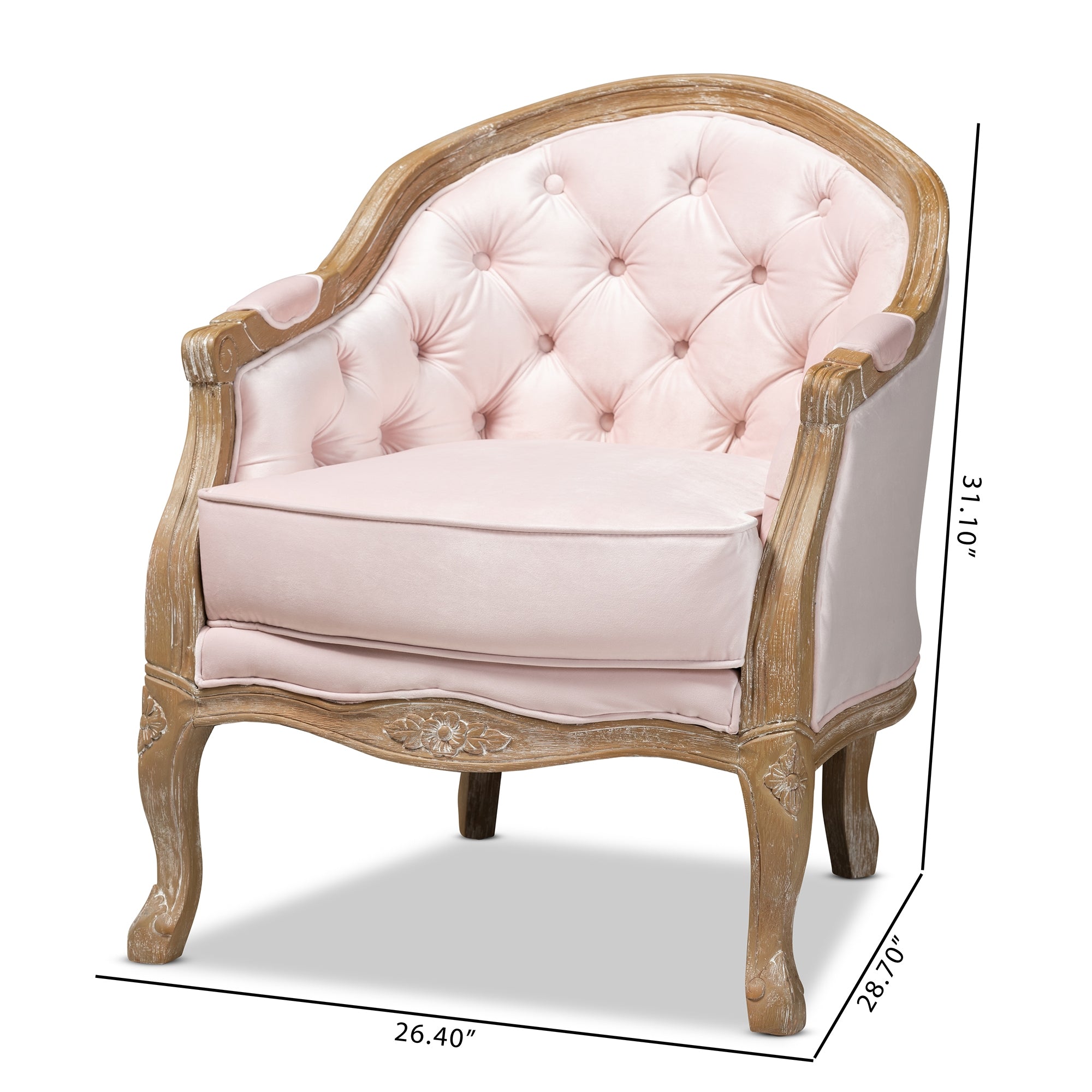 Baxton Studio Genevieve Traditional French Provincial Light Pink Velvet Upholstered White-Washed Oak Wood Armchair
