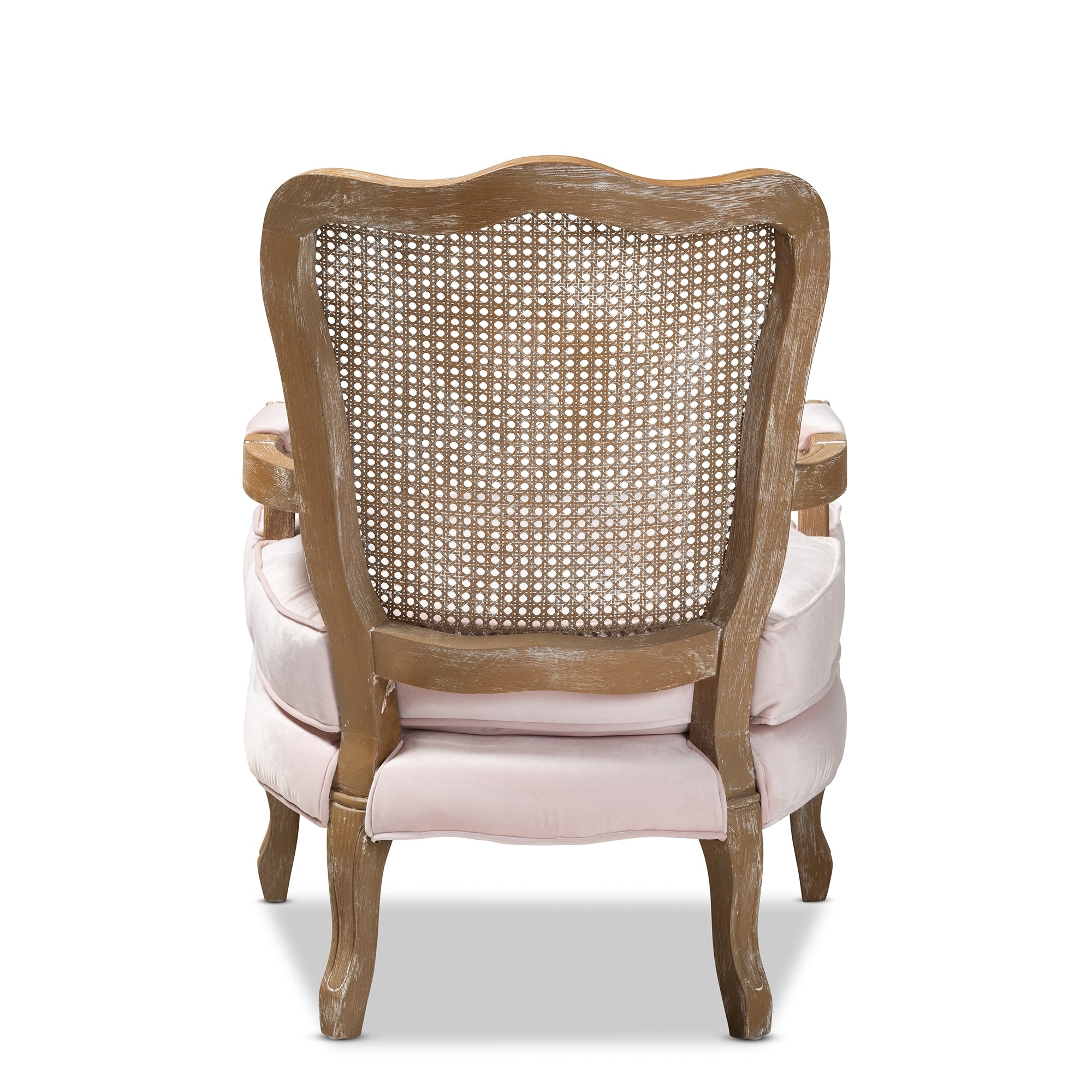 Baxton Studio Vallea Traditional French Provincial Light Pink Velvet Fabric Upholstered White-Washed Oak Wood Armchair