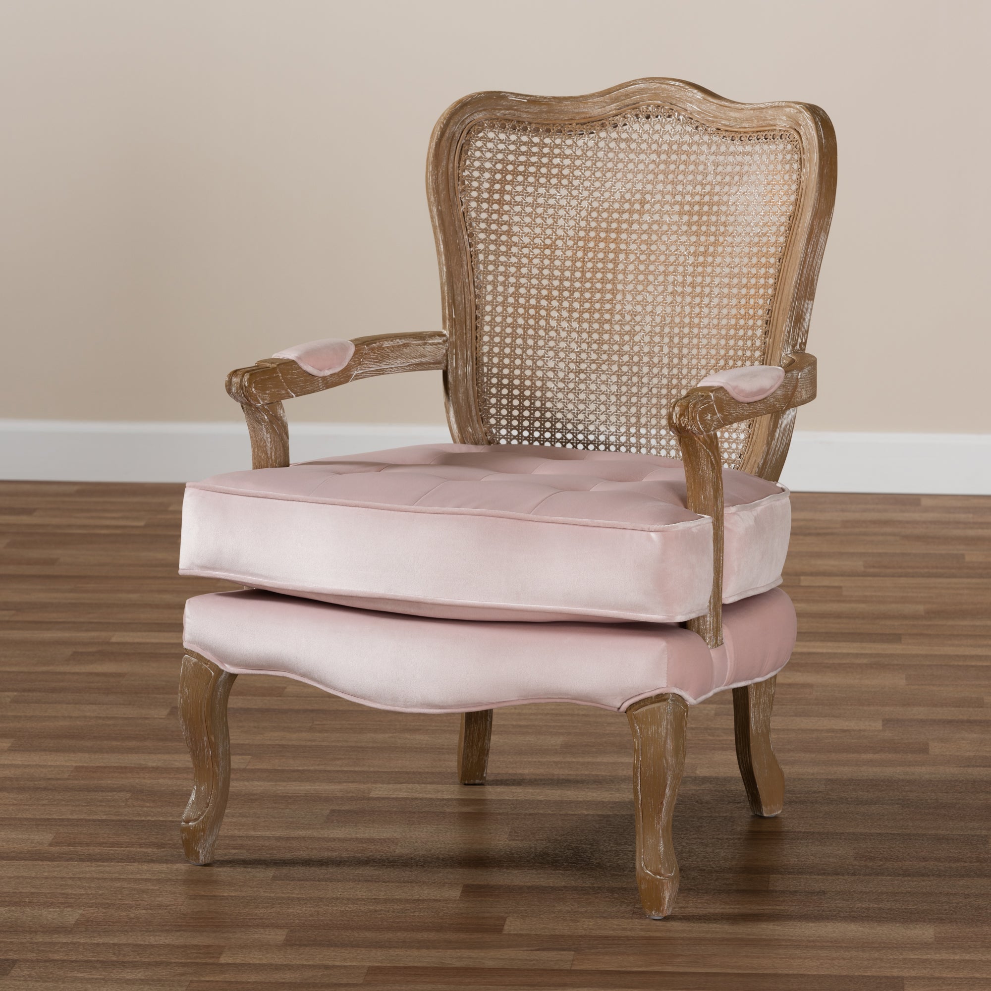 Baxton Studio Vallea Traditional French Provincial Light Pink Velvet Fabric Upholstered White-Washed Oak Wood Armchair
