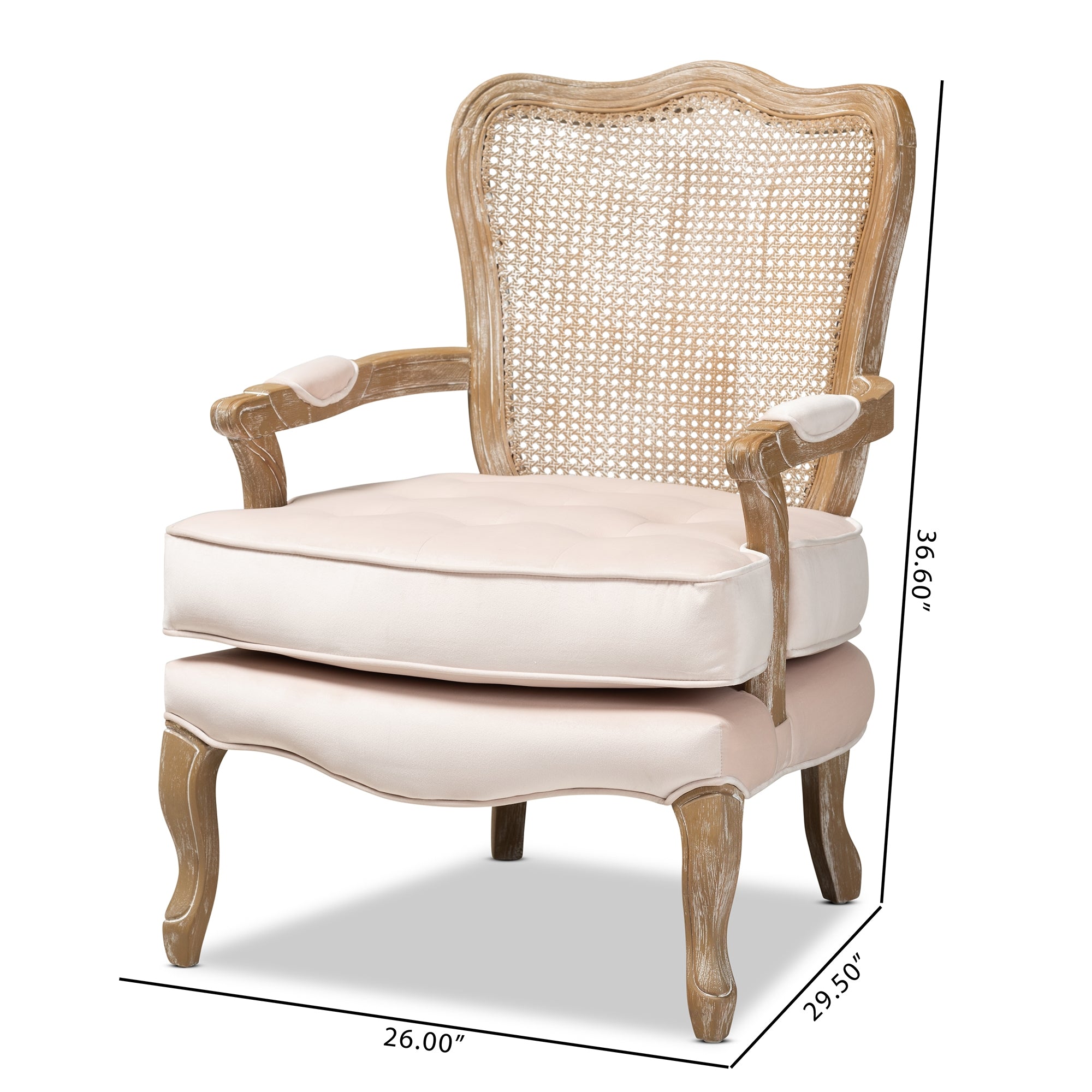 Baxton Studio Vallea Traditional French Provincial Light Beige Velvet Fabric Upholstered White-Washed Oak Wood Armchair