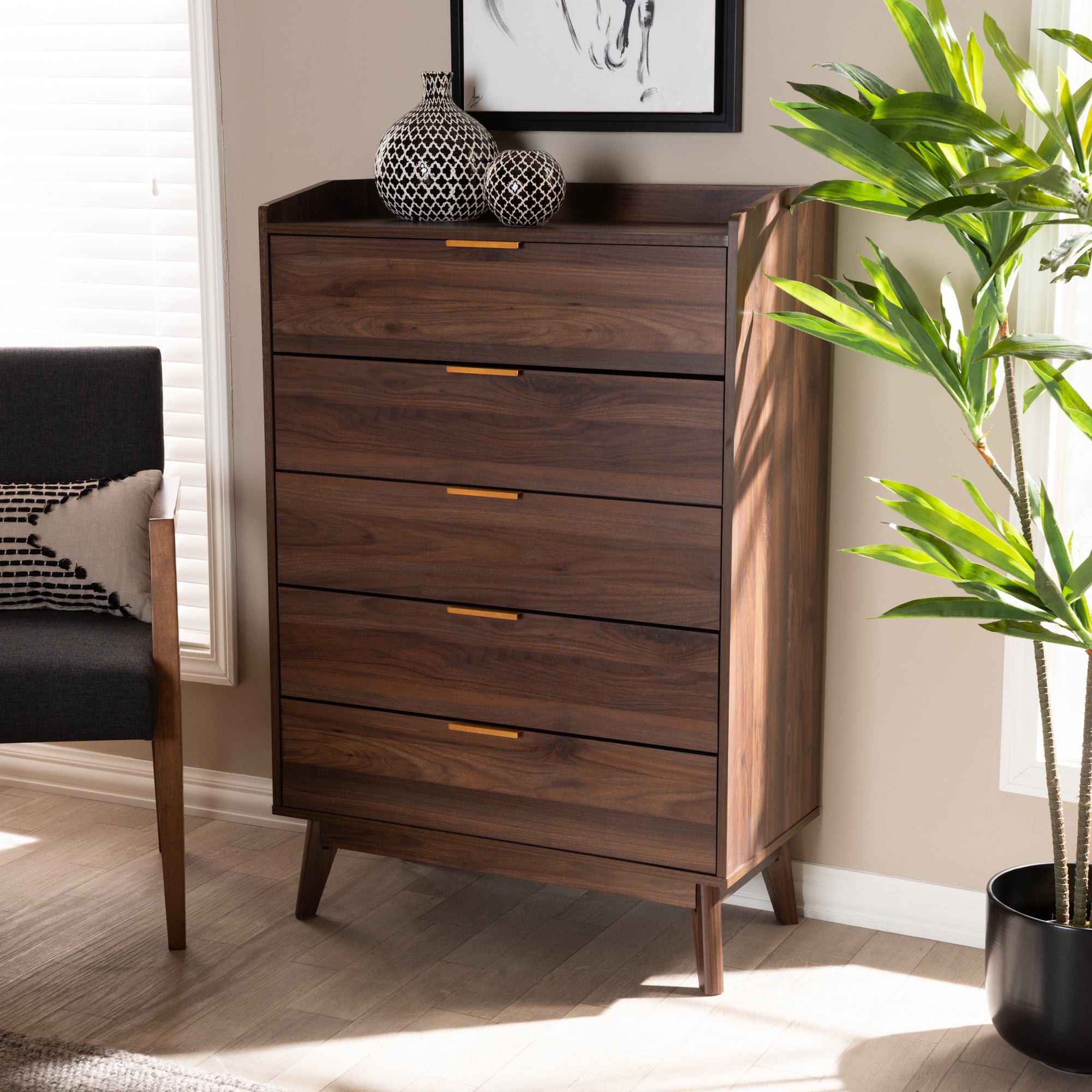 Baxton Studio Lena Mid-Century Modern Walnut Brown Finished 5-Drawer Wood Chest