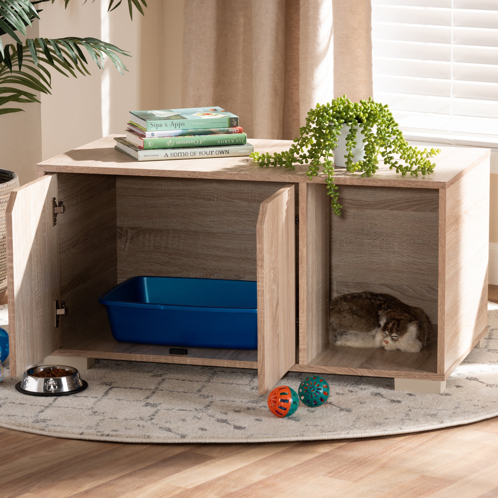 Baxton Studio Jasper Modern and Contemporary Oak Finished 2-Door Wood Cat Litter Box Cover House