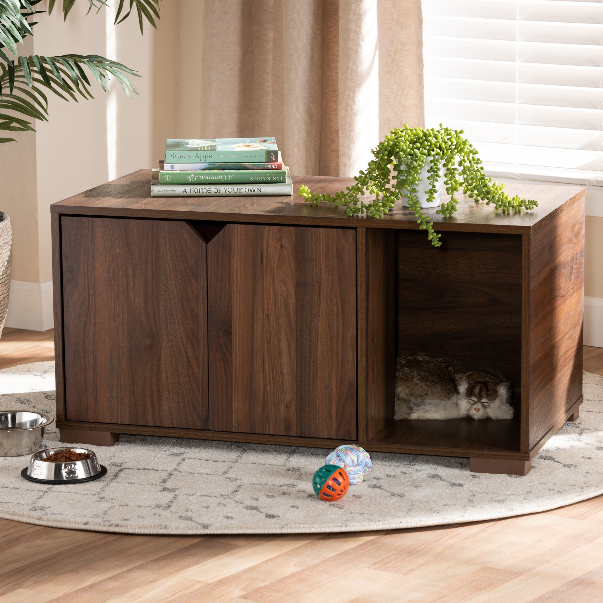 Baxton Studio Jasper Modern and Contemporary Walnut Brown Finished 2-Door Wood Cat Litter Box Cover House