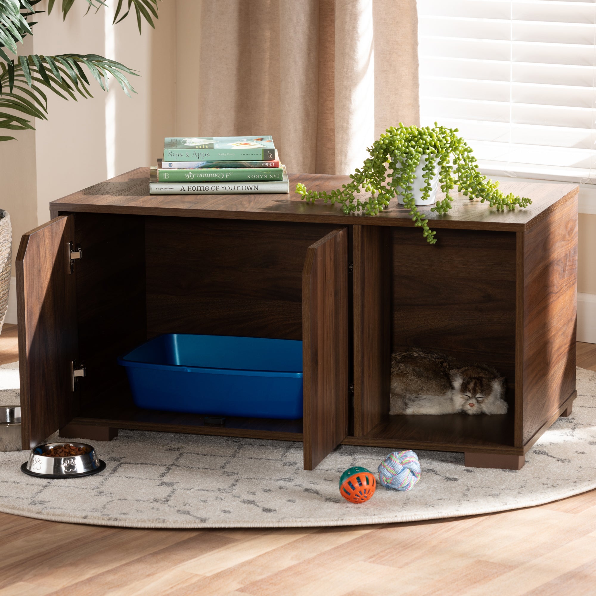 Baxton Studio Jasper Modern and Contemporary Walnut Brown Finished 2-Door Wood Cat Litter Box Cover House
