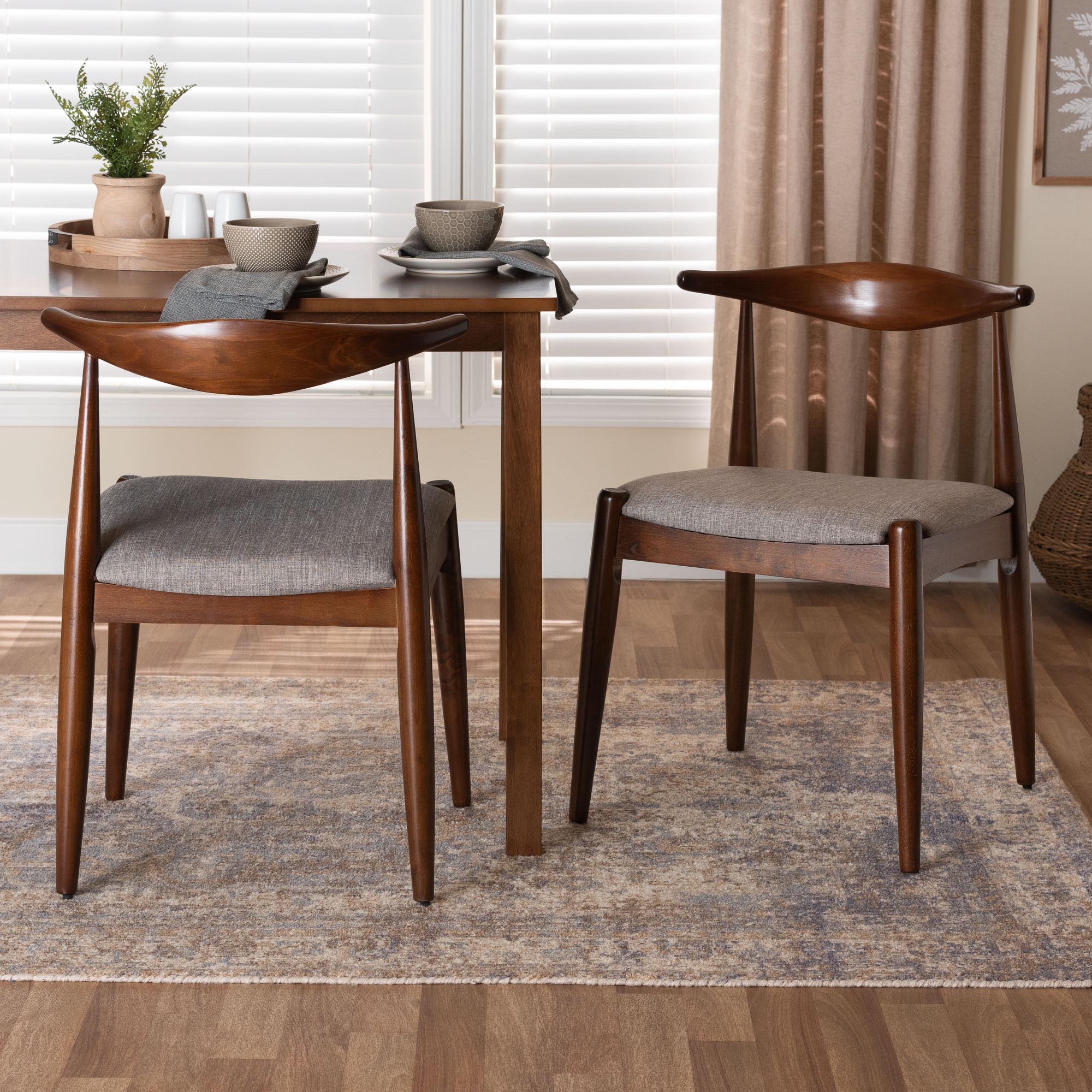 Baxton Studio Amato Mid-Century Modern Light Gray Fabric Upholstered Walnut Finished Wood Dining Chair Set of 2