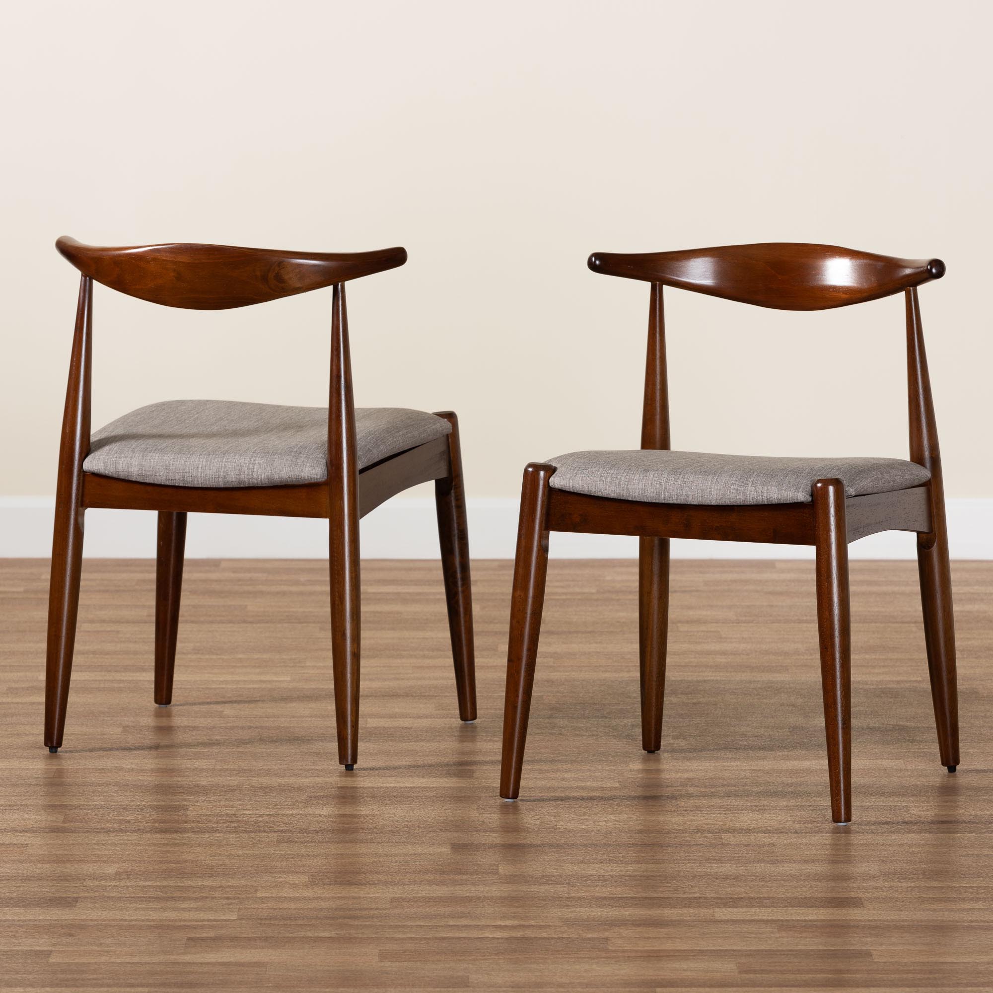 Baxton Studio Amato Mid-Century Modern Light Gray Fabric Upholstered Walnut Finished Wood Dining Chair Set of 2