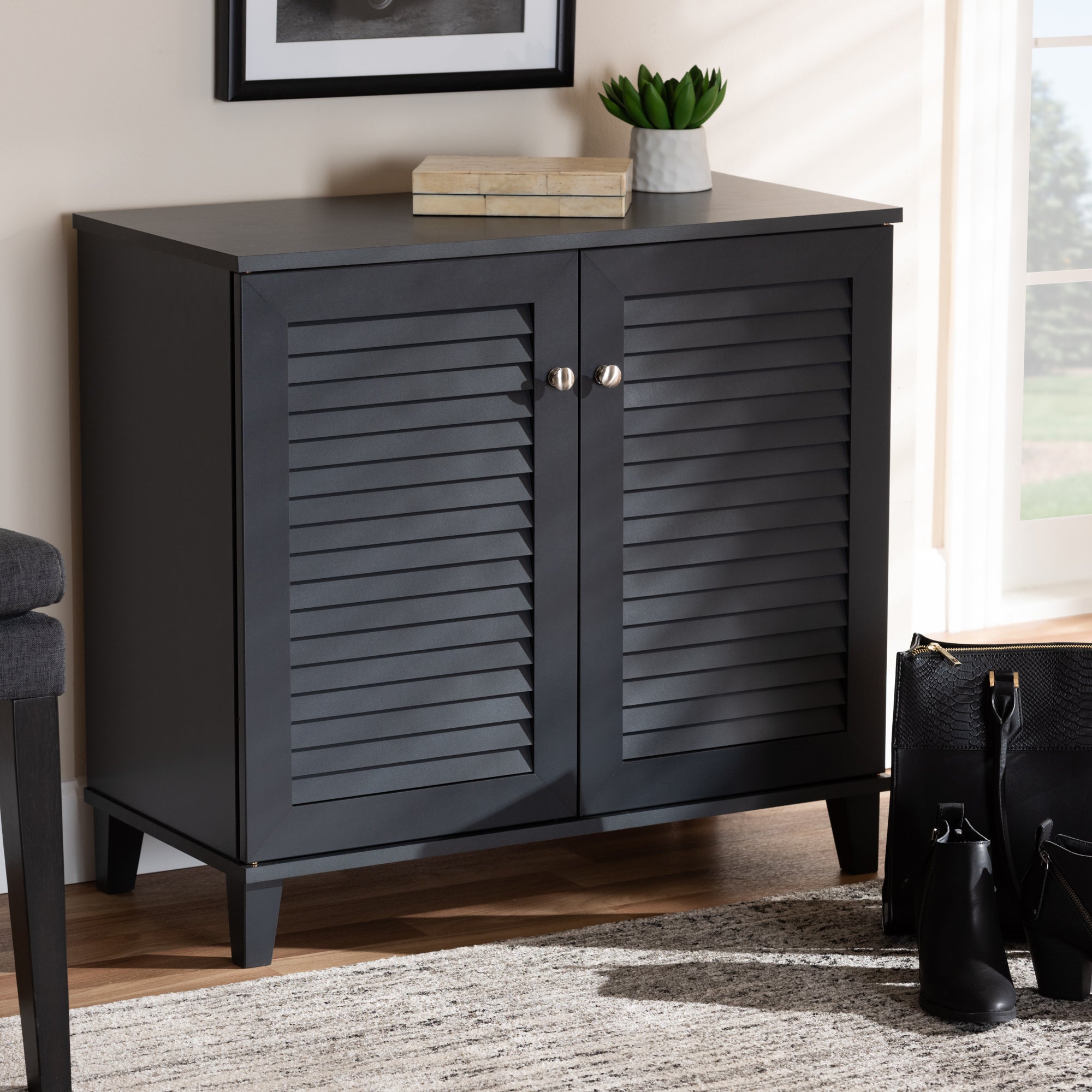 Baxton Studio Coolidge Modern and Contemporary Dark Grey Finished 4-Shelf Wood Shoe Storage Cabinet