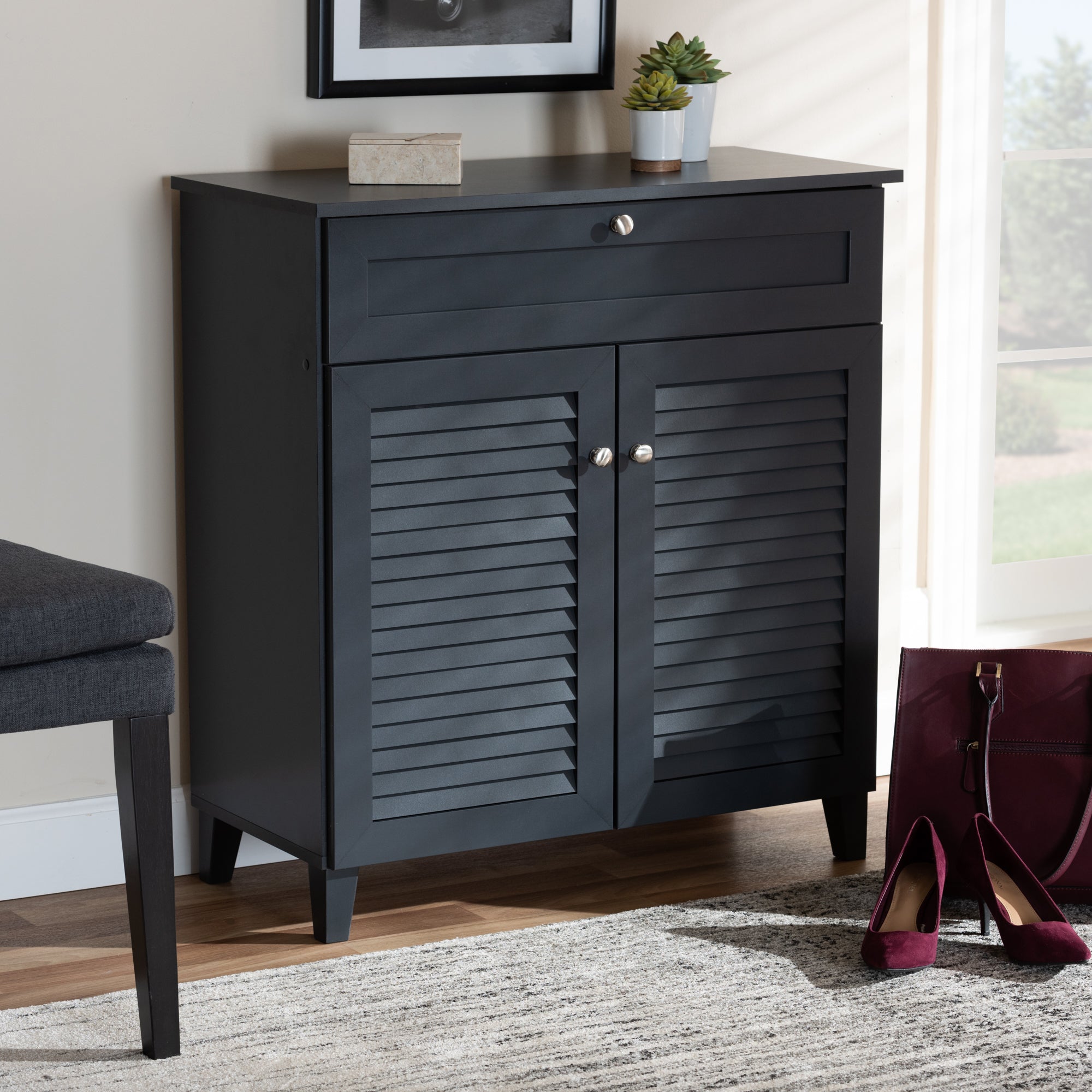 Baxton Studio Coolidge Modern and Contemporary Dark Grey Finished 4-Shelf Wood Shoe Storage Cabinet with Drawer