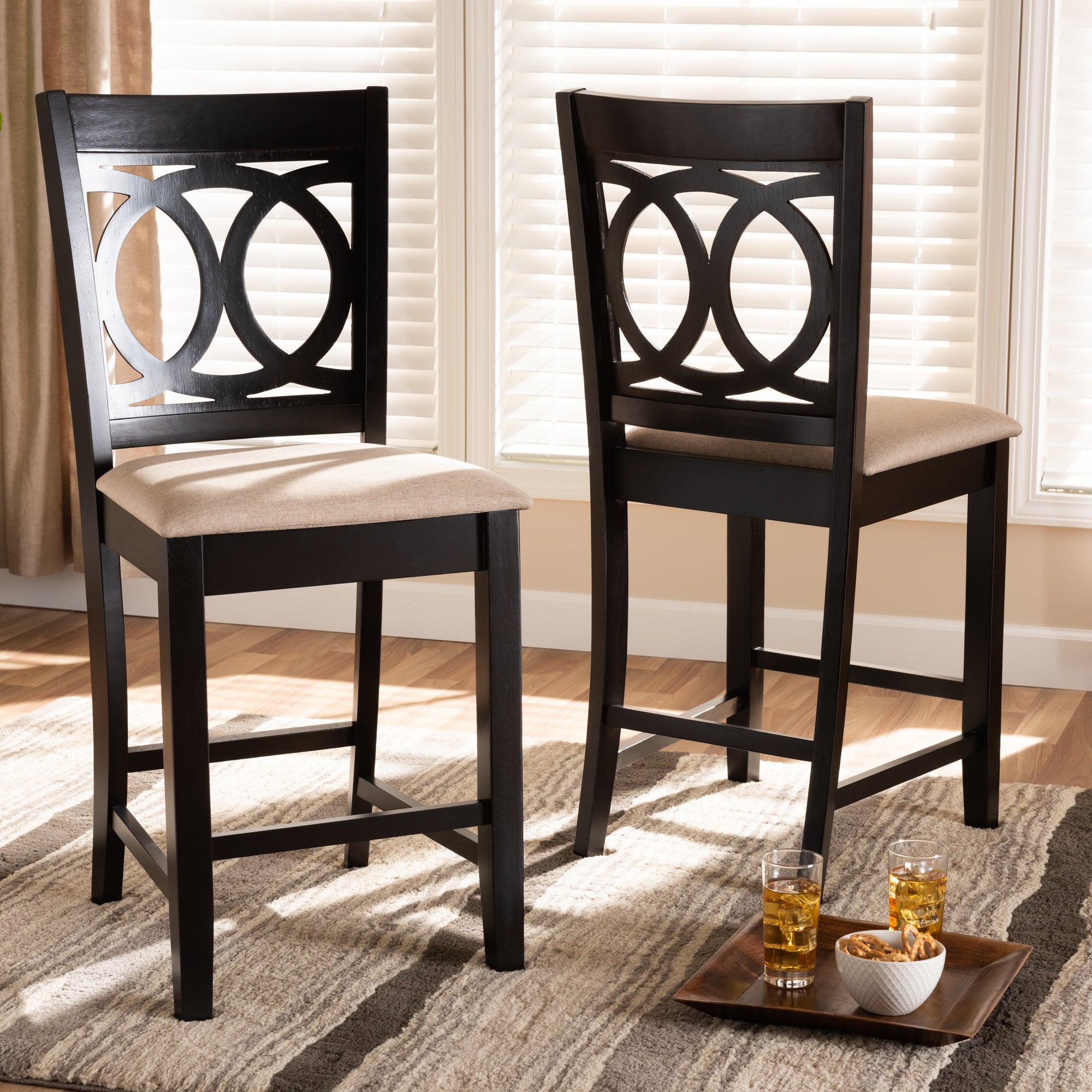 Baxton Studio Lenoir Modern and Contemporary Sand Fabric Upholstered Espresso Brown Finished Wood 2-Piece Counter Height Pub Chair Set