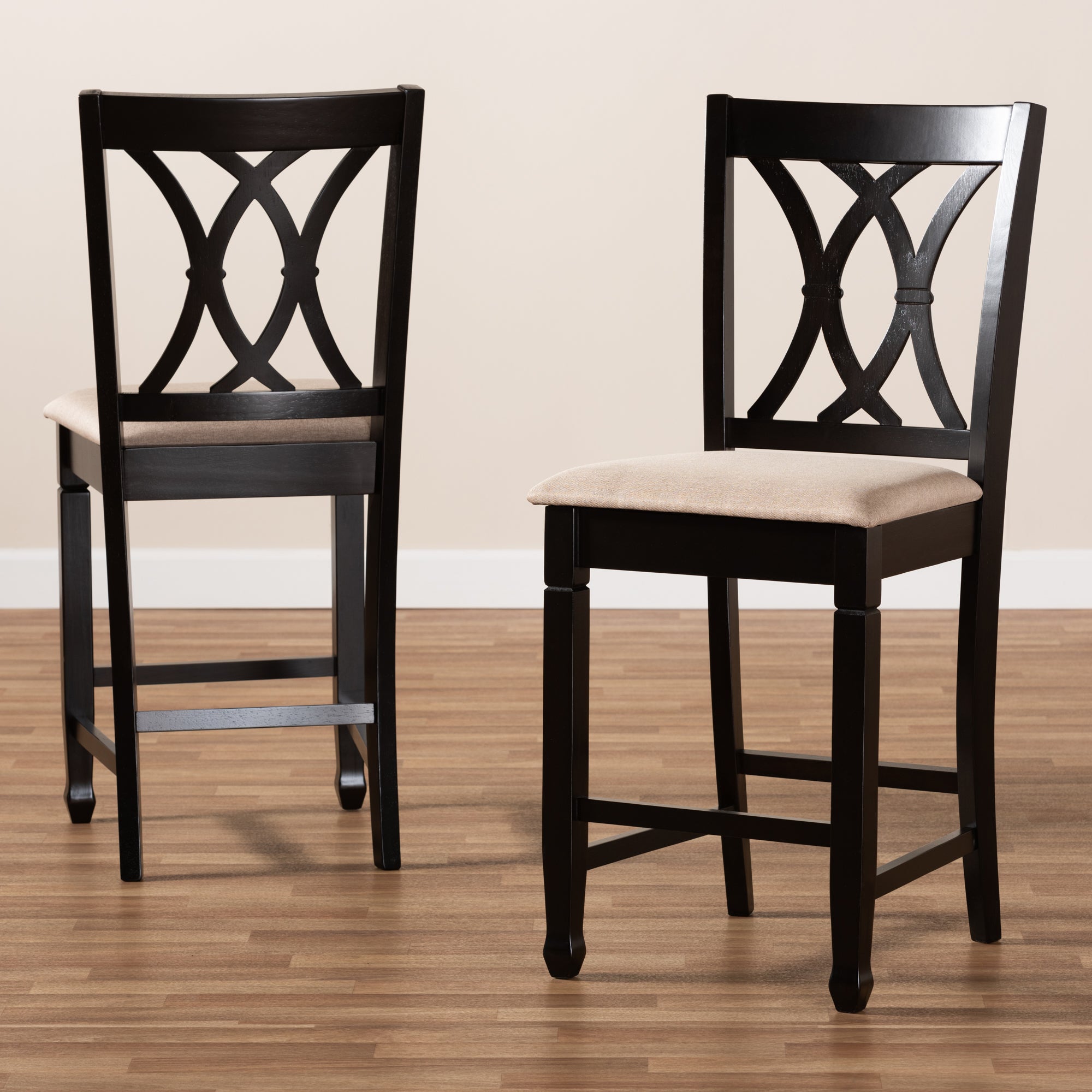 Baxton Studio Reneau Modern and Contemporary Sand Fabric Upholstered Espresso Brown Finished Wood Counter Height Pub Chair Set of 2