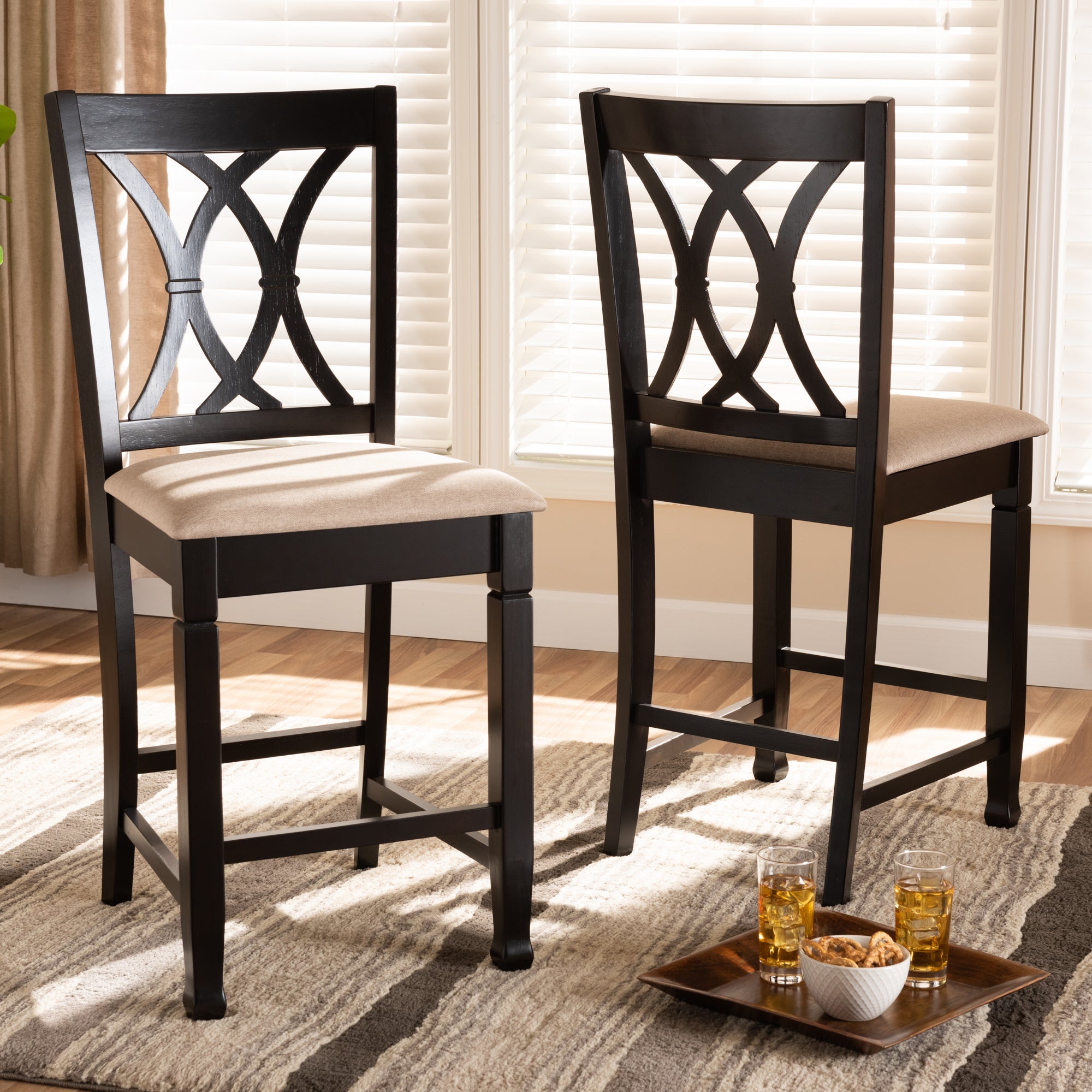 Baxton Studio Reneau Modern and Contemporary Sand Fabric Upholstered Espresso Brown Finished Wood Counter Height Pub Chair Set of 2