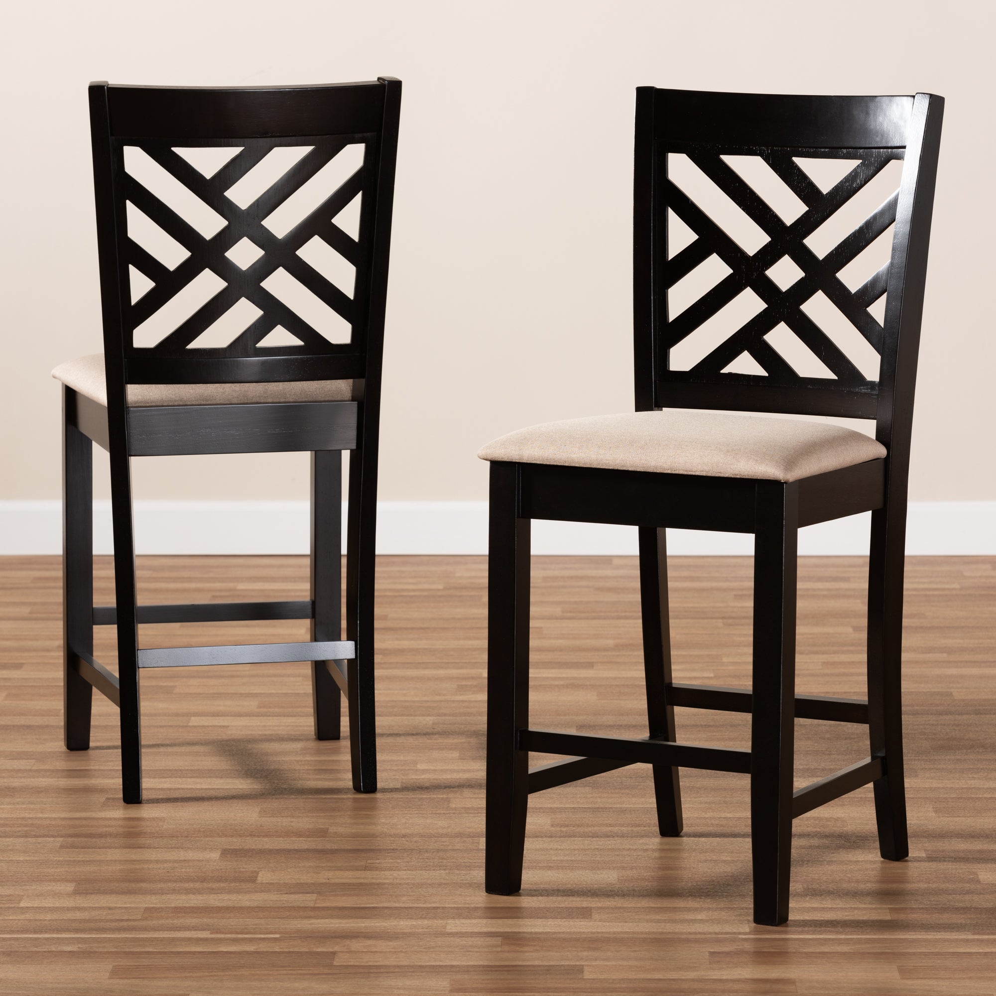 Baxton Studio Caron Modern and Contemporary Sand Fabric Upholstered Espresso Brown Finished Wood Counter Height 2-Piece Pub Chair Set