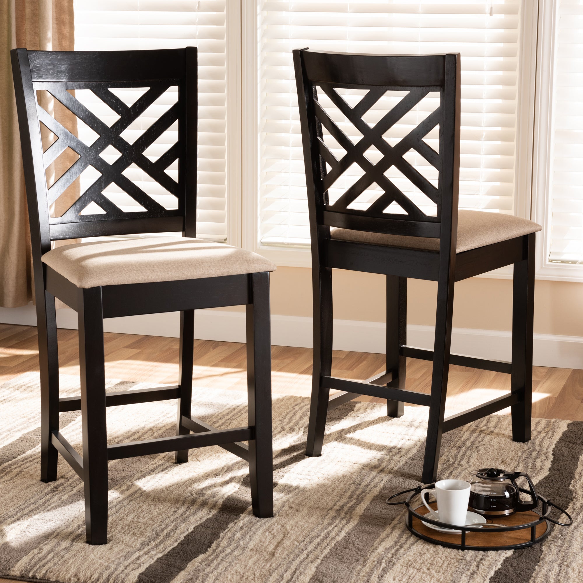 Baxton Studio Caron Modern and Contemporary Sand Fabric Upholstered Espresso Brown Finished Wood Counter Height 2-Piece Pub Chair Set