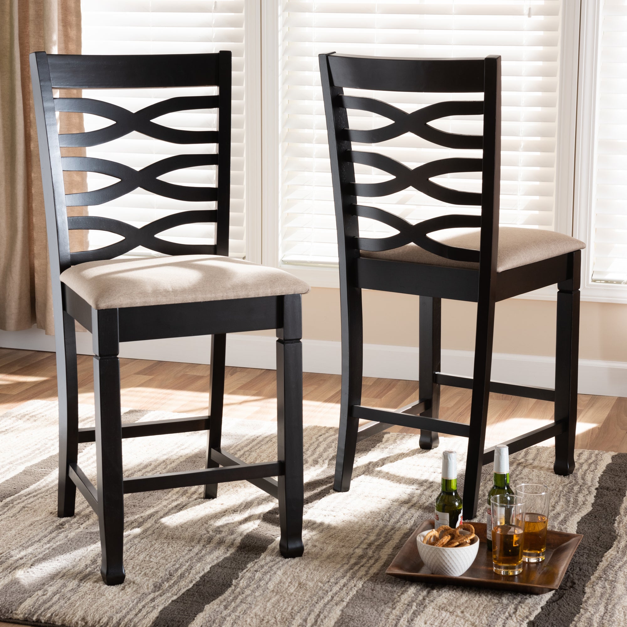 Baxton Studio Lanier Modern and Contemporary Sand Fabric Upholstered Espresso Brown Finished Wood Counter Height Pub Chair Set of 2