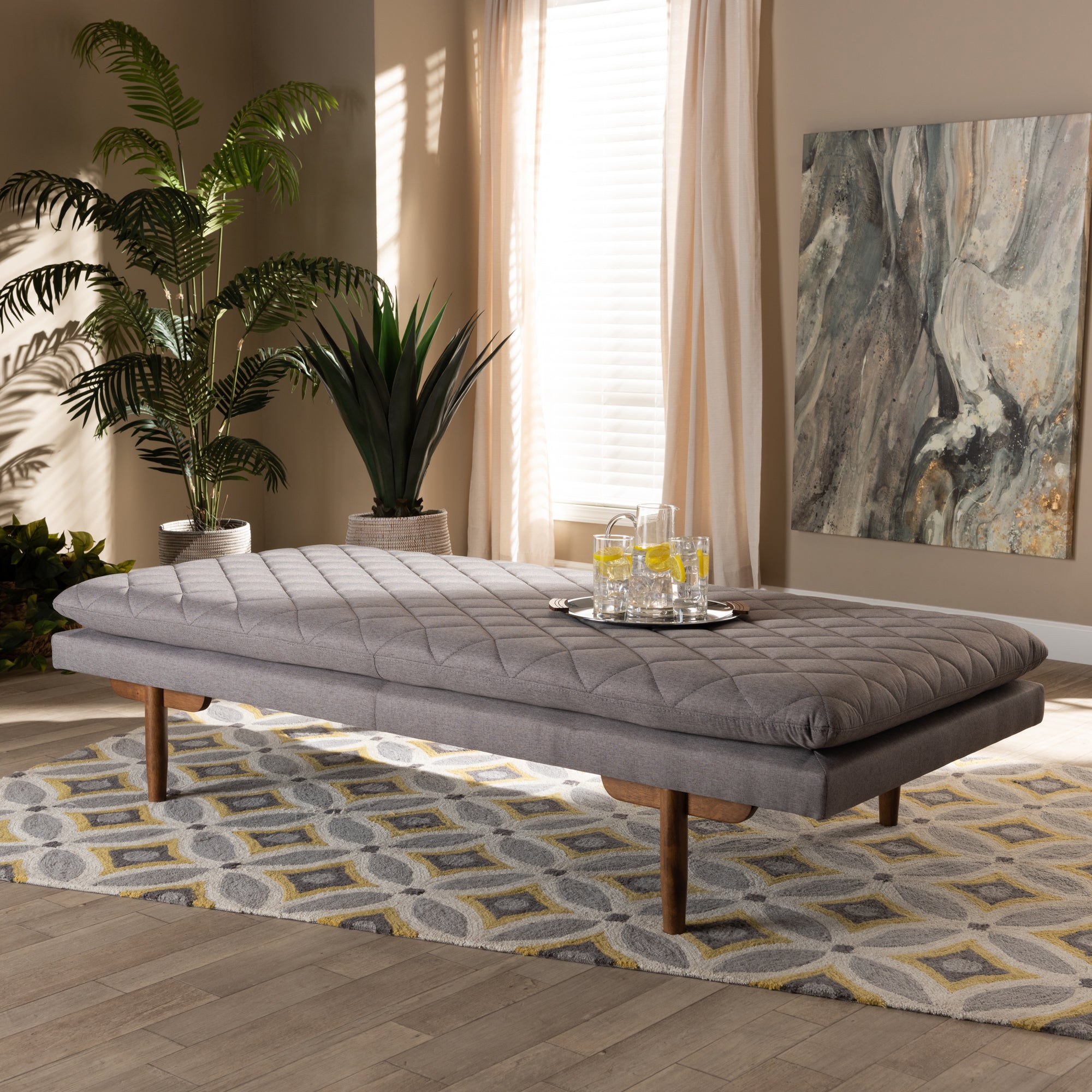 Baxton Studio Marit Mid-Century Modern Grey Fabric Upholstered Walnut Finished Wood Daybed