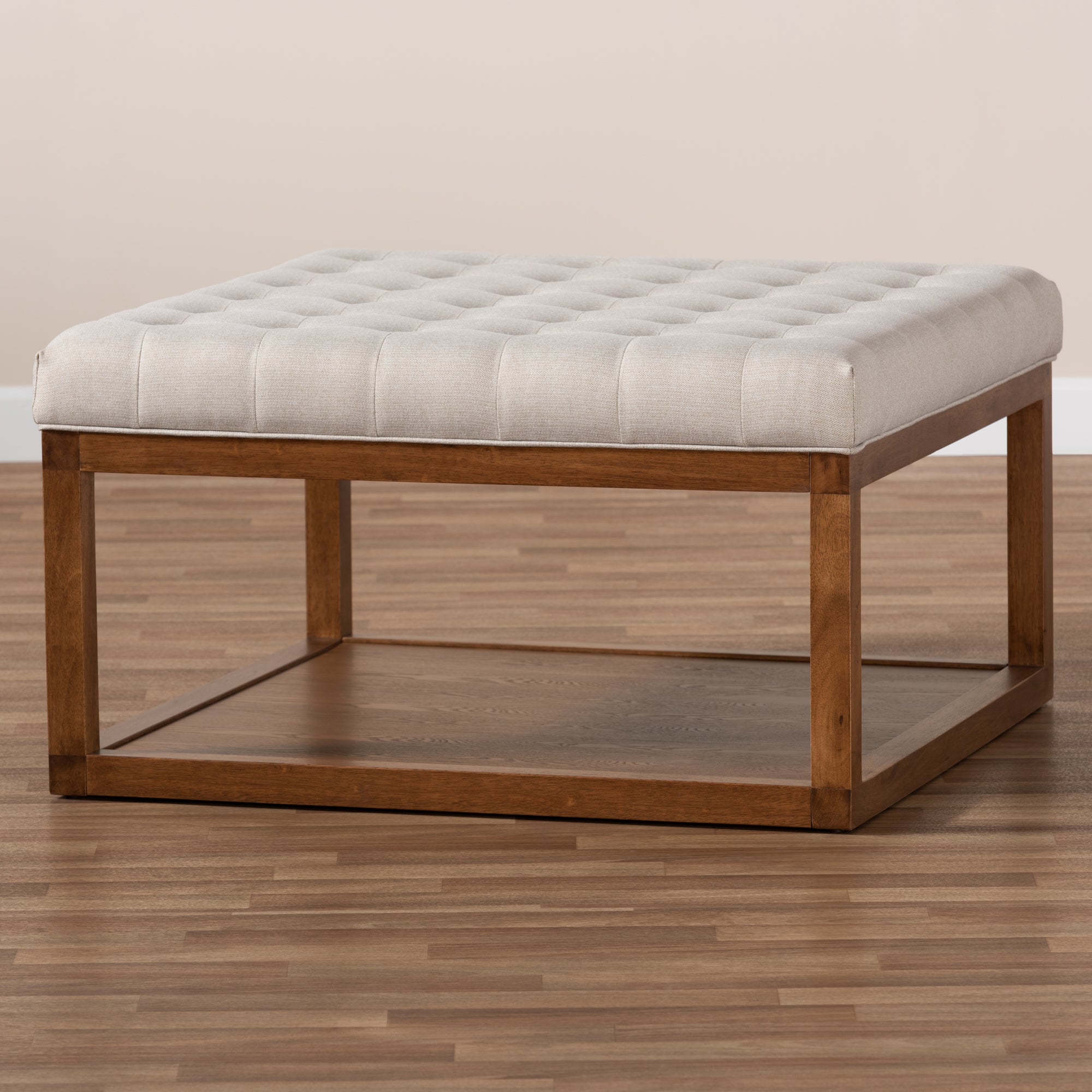 Baxton Studio Alvere Modern and Contemporary Beige Fabric Upholstered Walnut Finished Cocktail Ottoman