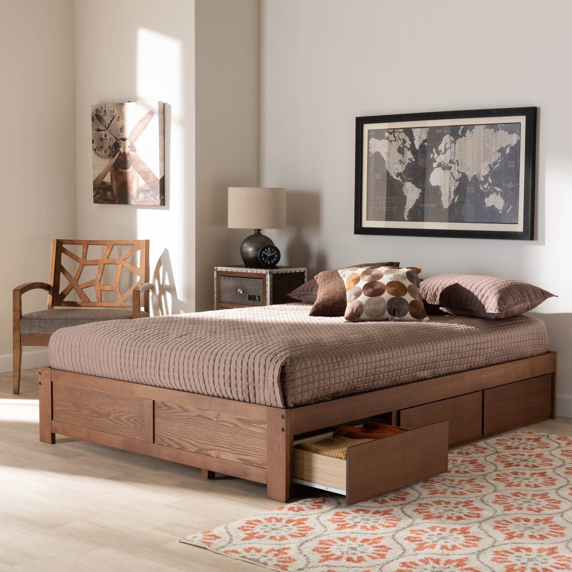 Baxton Studio Wren Modern and Contemporary Walnut Finished 3-Drawer Full Size Platform Storage Bed Frame