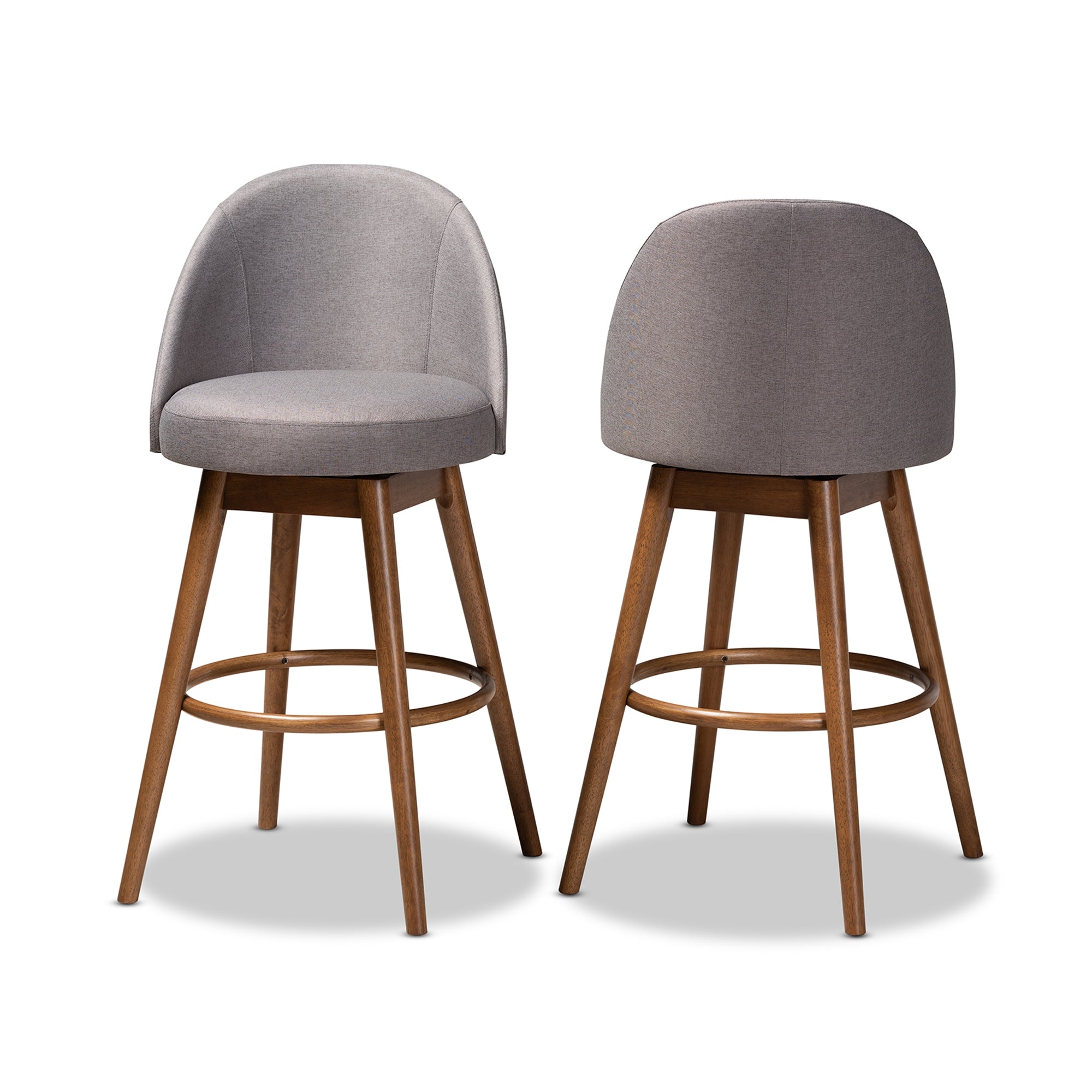 Baxton Studio Carra Mid-Century Modern Grey Fabric Upholstered Walnut-Finished Wood Swivel Bar Stool (Set of 2)