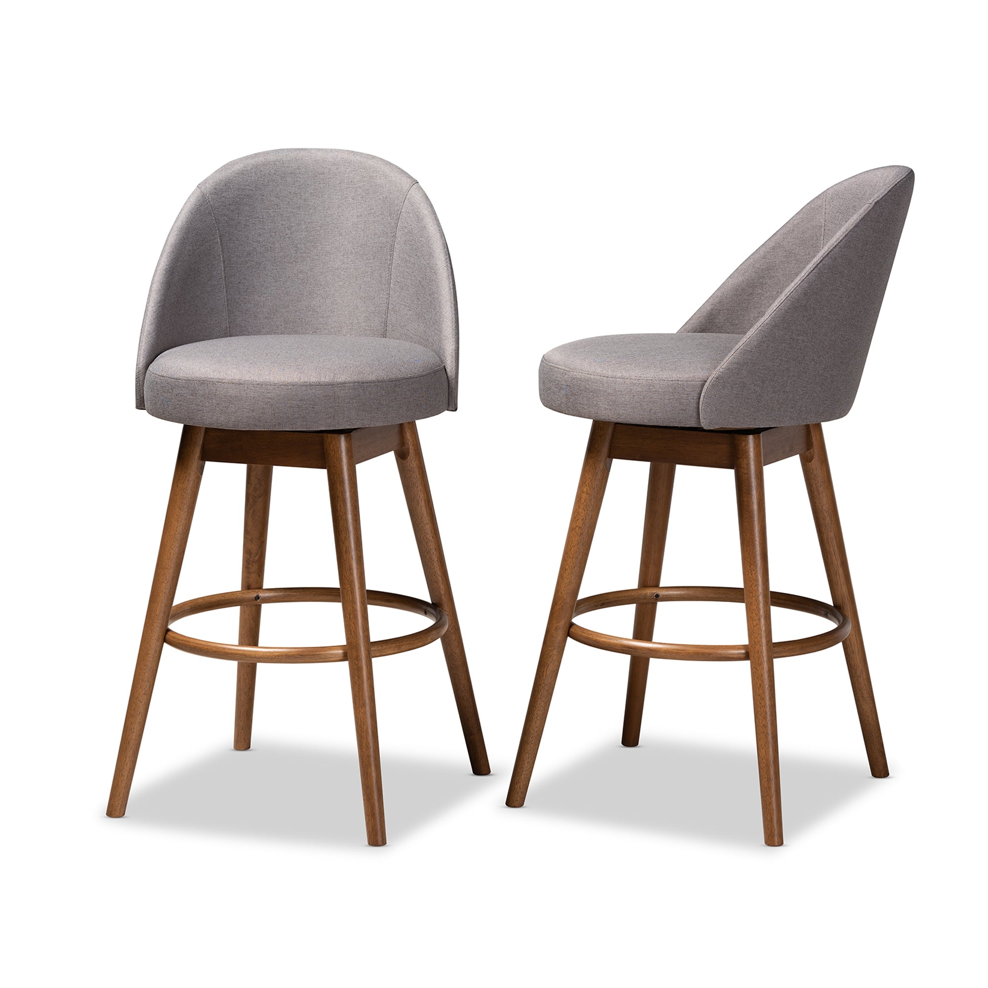 Baxton Studio Carra Mid-Century Modern Grey Fabric Upholstered Walnut-Finished Wood Swivel Bar Stool (Set of 2)