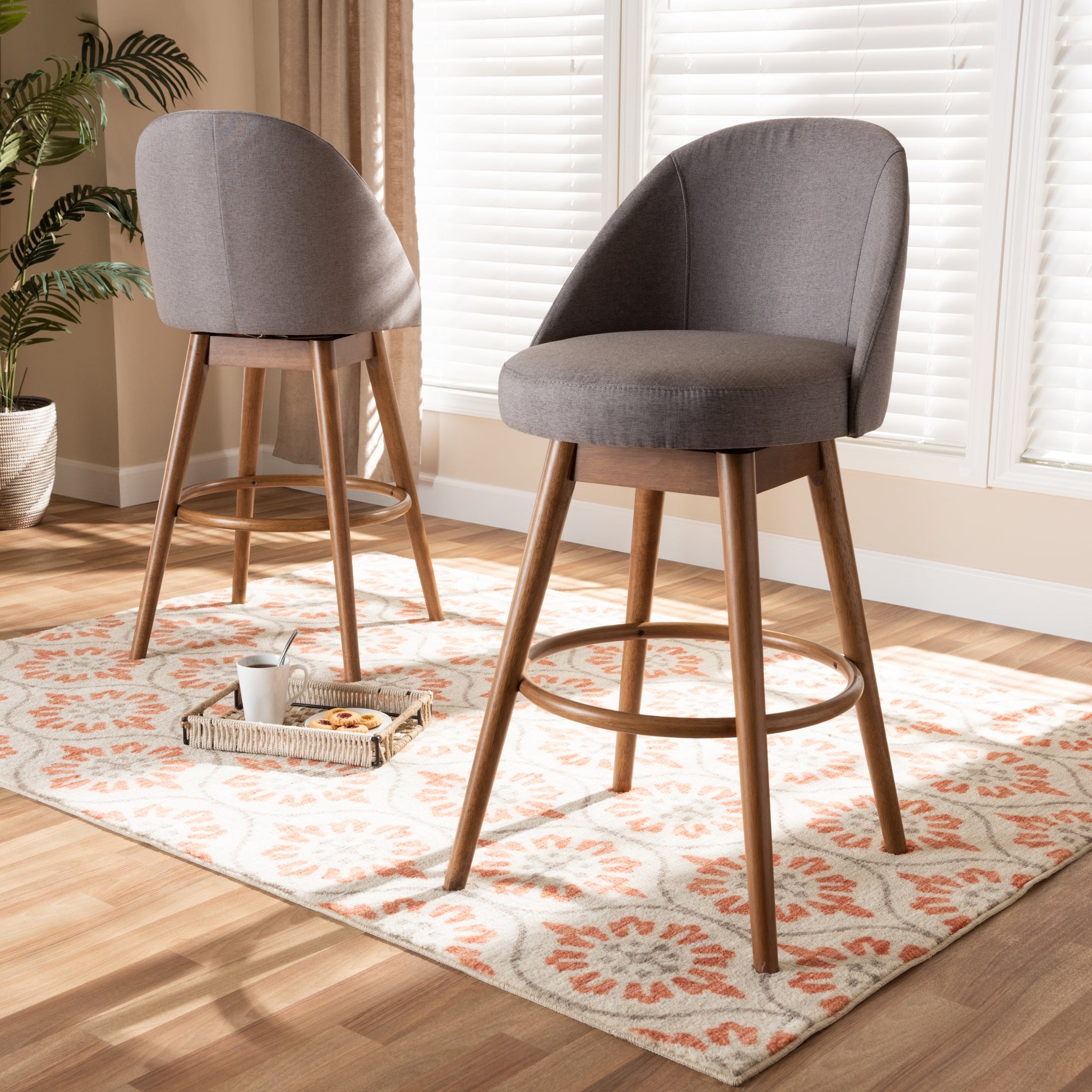 Baxton Studio Carra Mid-Century Modern Grey Fabric Upholstered Walnut-Finished Wood Swivel Bar Stool (Set of 2)