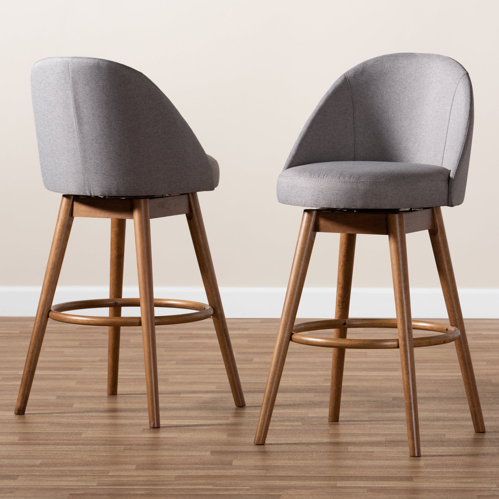 Baxton Studio Carra Mid-Century Modern Grey Fabric Upholstered Walnut-Finished Wood Swivel Bar Stool (Set of 2)