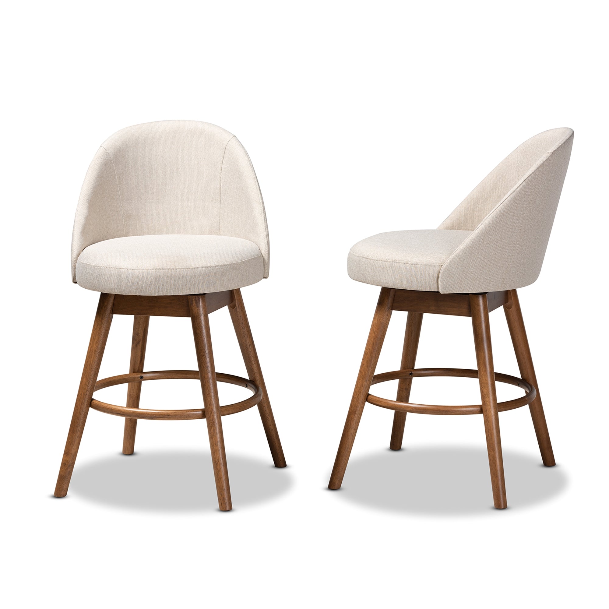 Baxton Studio Carra Mid-Century Modern Light Beige Fabric Upholstered Walnut-Finished Wood Swivel Counter Stool (Set of 2)