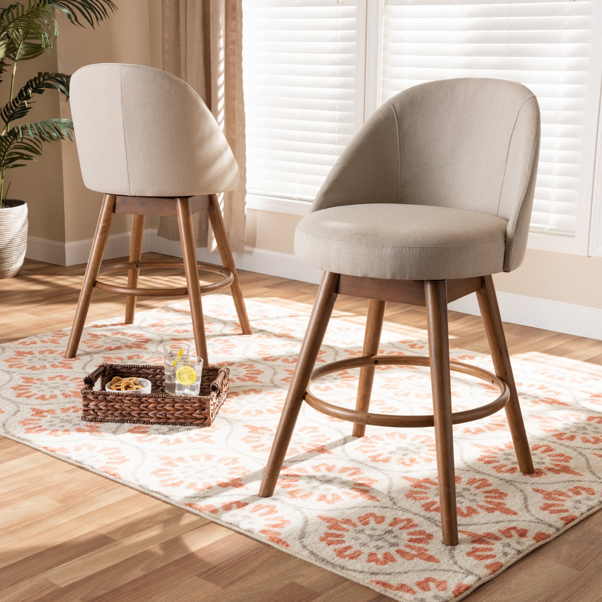 Baxton Studio Carra Mid-Century Modern Light Beige Fabric Upholstered Walnut-Finished Wood Swivel Counter Stool (Set of 2)