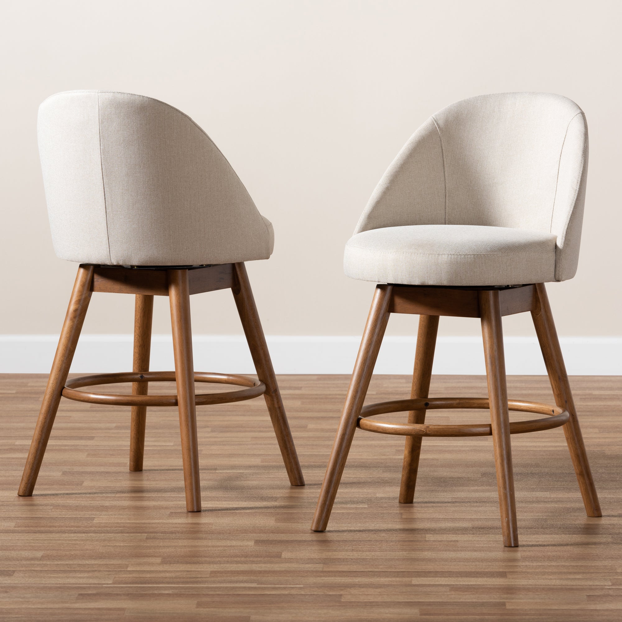 Baxton Studio Carra Mid-Century Modern Light Beige Fabric Upholstered Walnut-Finished Wood Swivel Counter Stool (Set of 2)
