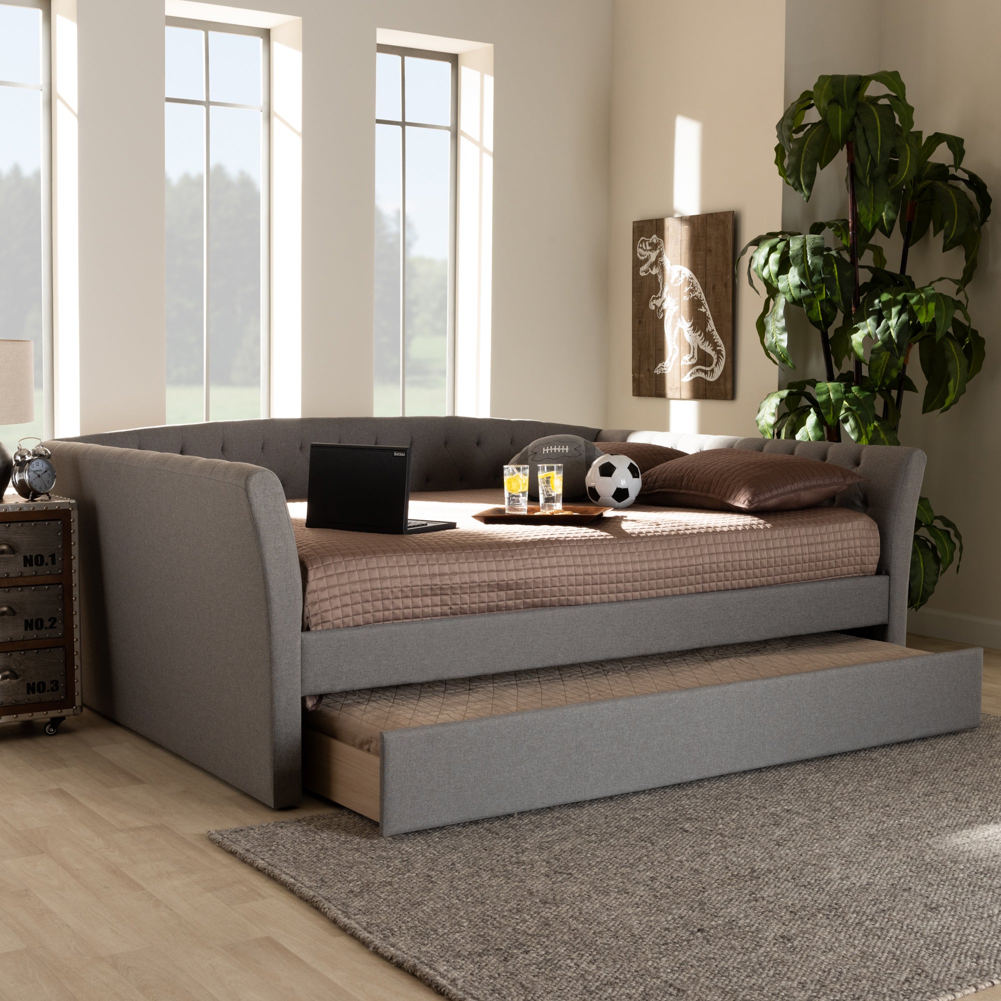 Baxton Studio Delora Modern and Contemporary Light Grey Fabric Upholstered Queen Size Daybed with Roll-Out Trundle Bed