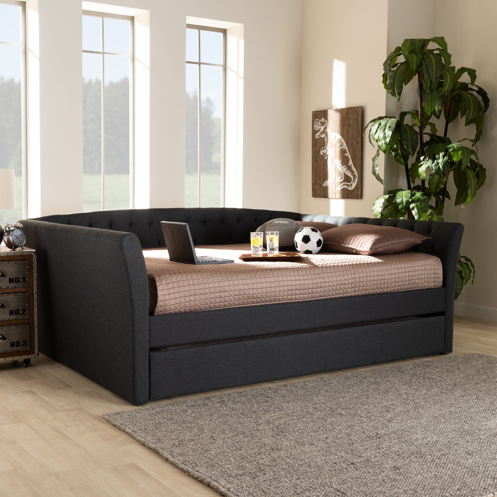 Baxton Studio Delora Modern and Contemporary Dark Grey Fabric Upholstered Full Size Daybed with Roll-Out Trundle Bed