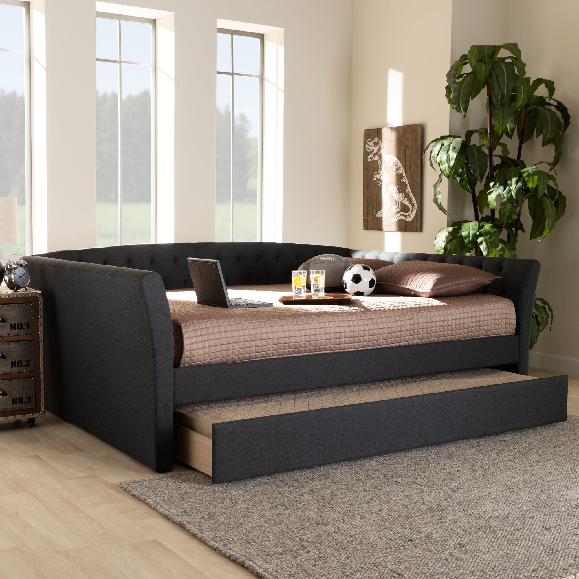 Baxton Studio Delora Modern and Contemporary Dark Grey Fabric Upholstered Full Size Daybed with Roll-Out Trundle Bed